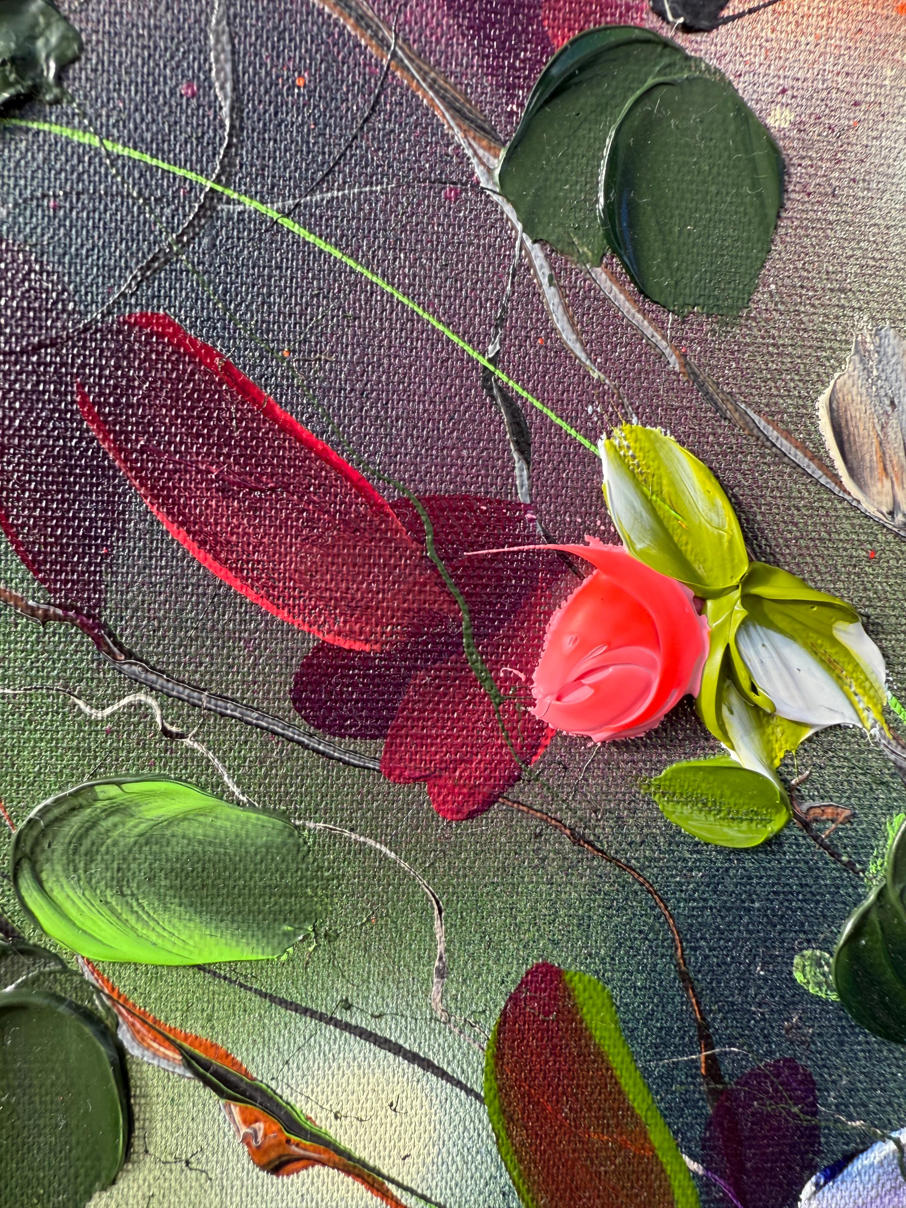 Fleurs -  coloré vert rose peinture impressionniste toile de lin 3d roses en vente 4