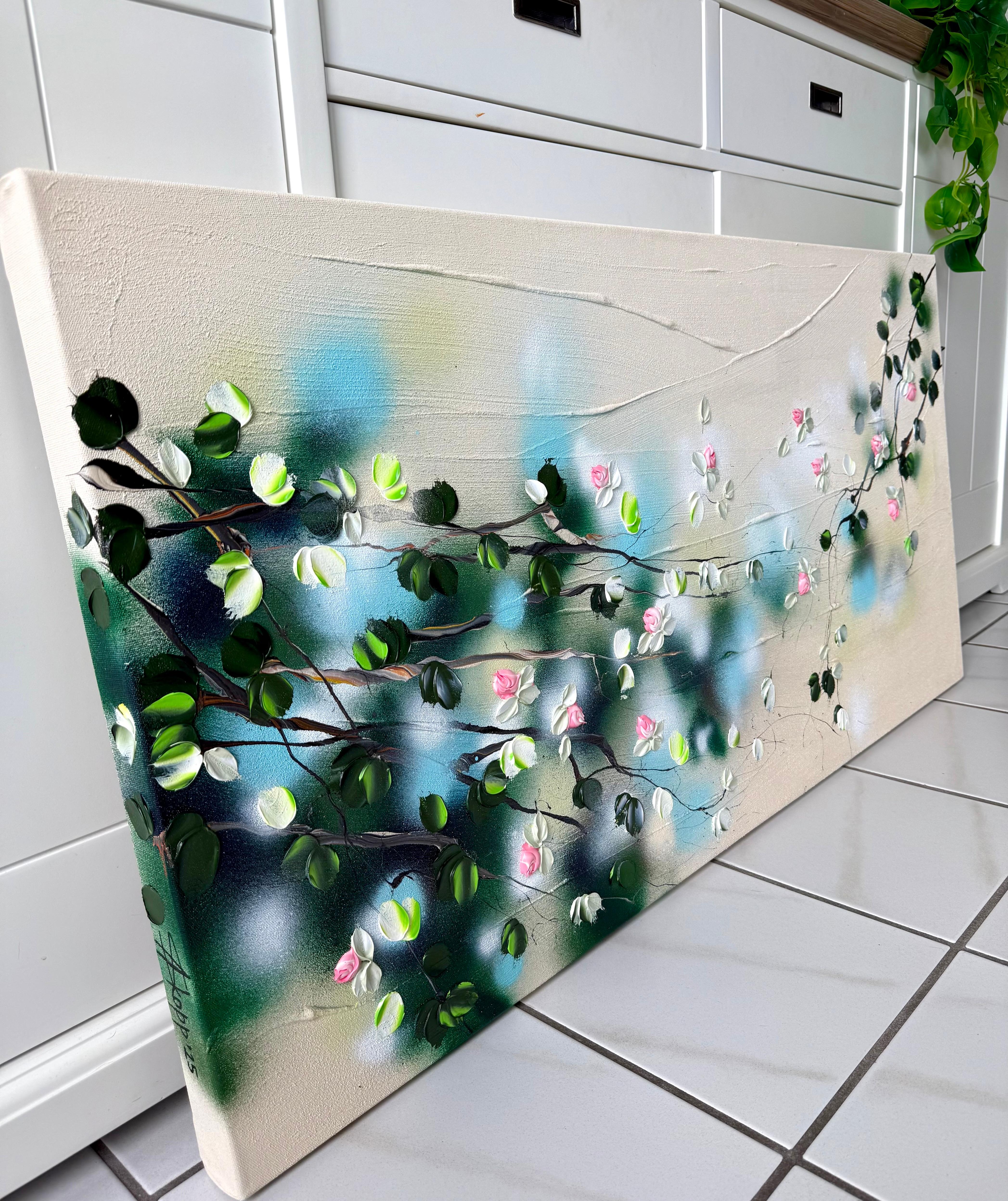 Fragrant Garden I -  landscape impressionistic painting on canvas with red roses For Sale 10
