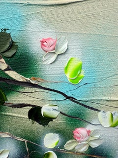 Fragrant Garden I –  impressionistisches Landschaftsgemälde auf Leinwand mit roten Rosen