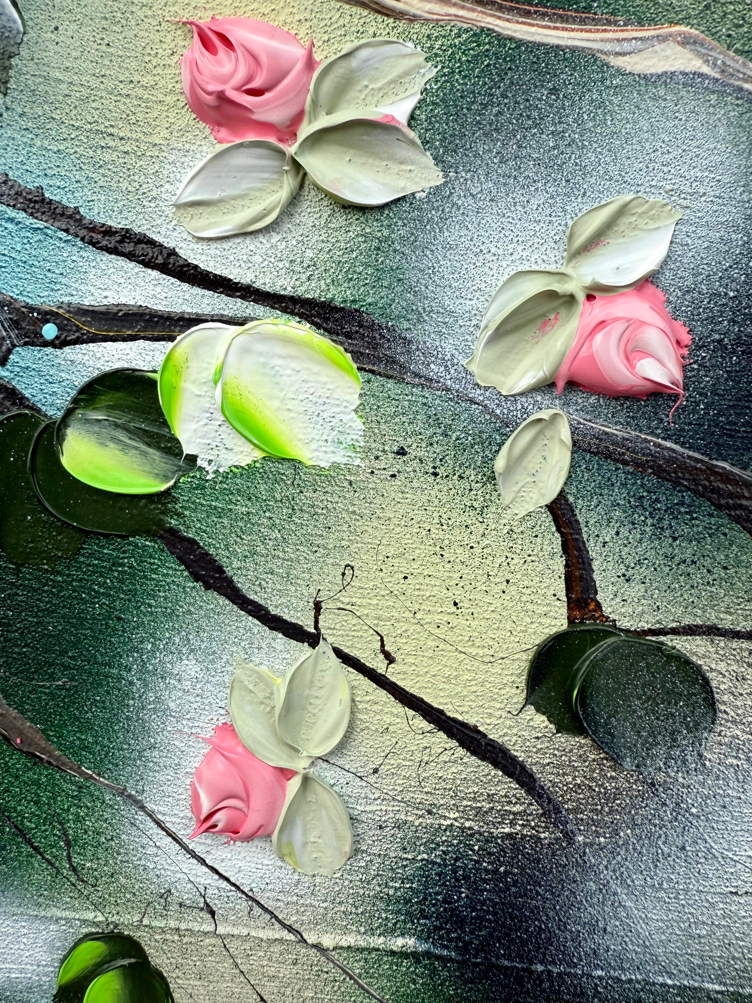 Fragrant Garden I -  landscape impressionistic painting on canvas with red roses For Sale 2
