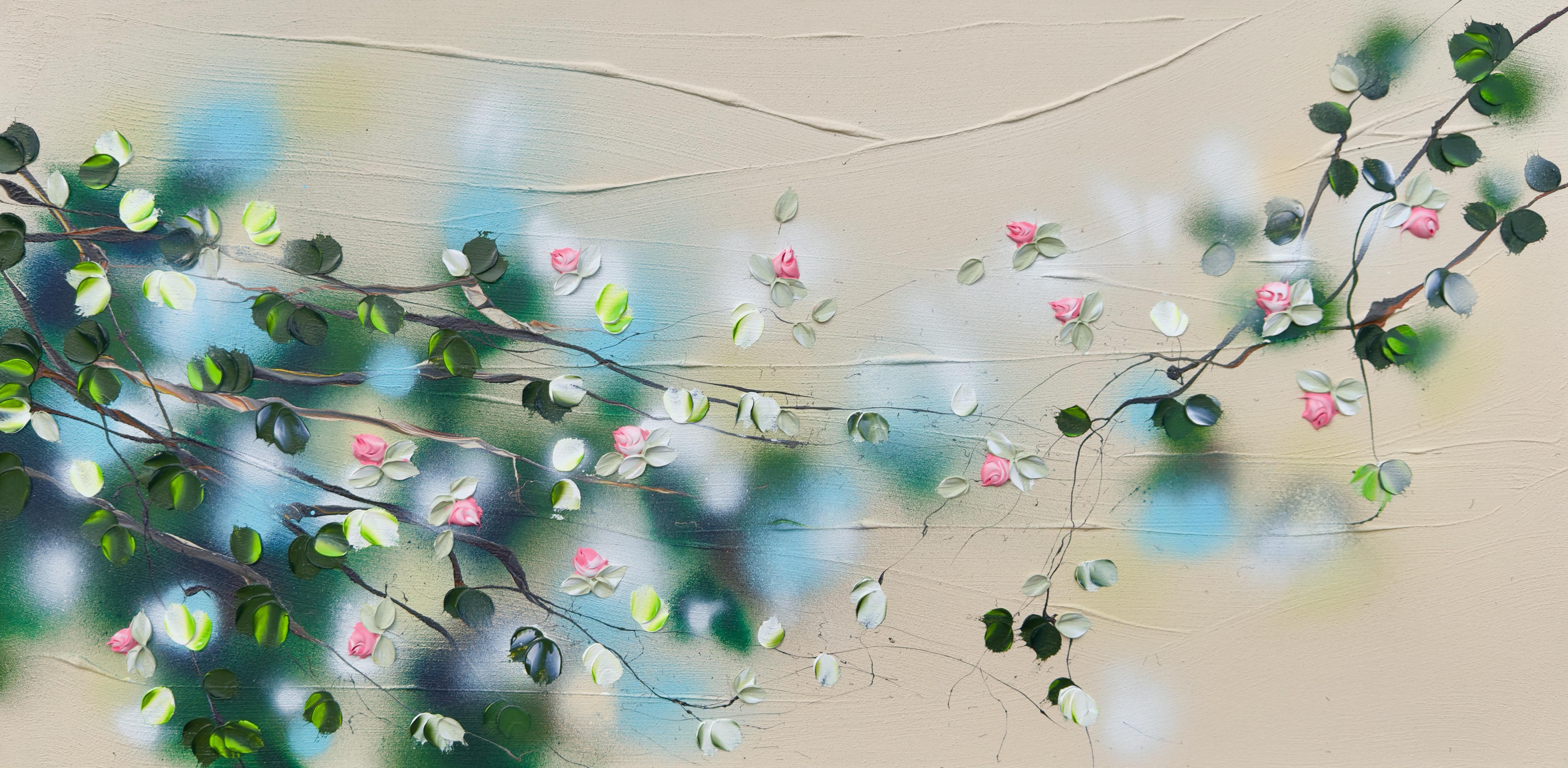 Jardin des senteurs I -  Peinture impressionniste sur toile avec roses rouges