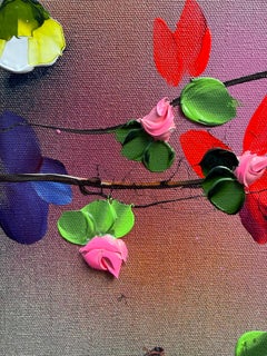 Fréquence I - peinture colorée en empâtement sur toile de lin avec fleurs en 3d