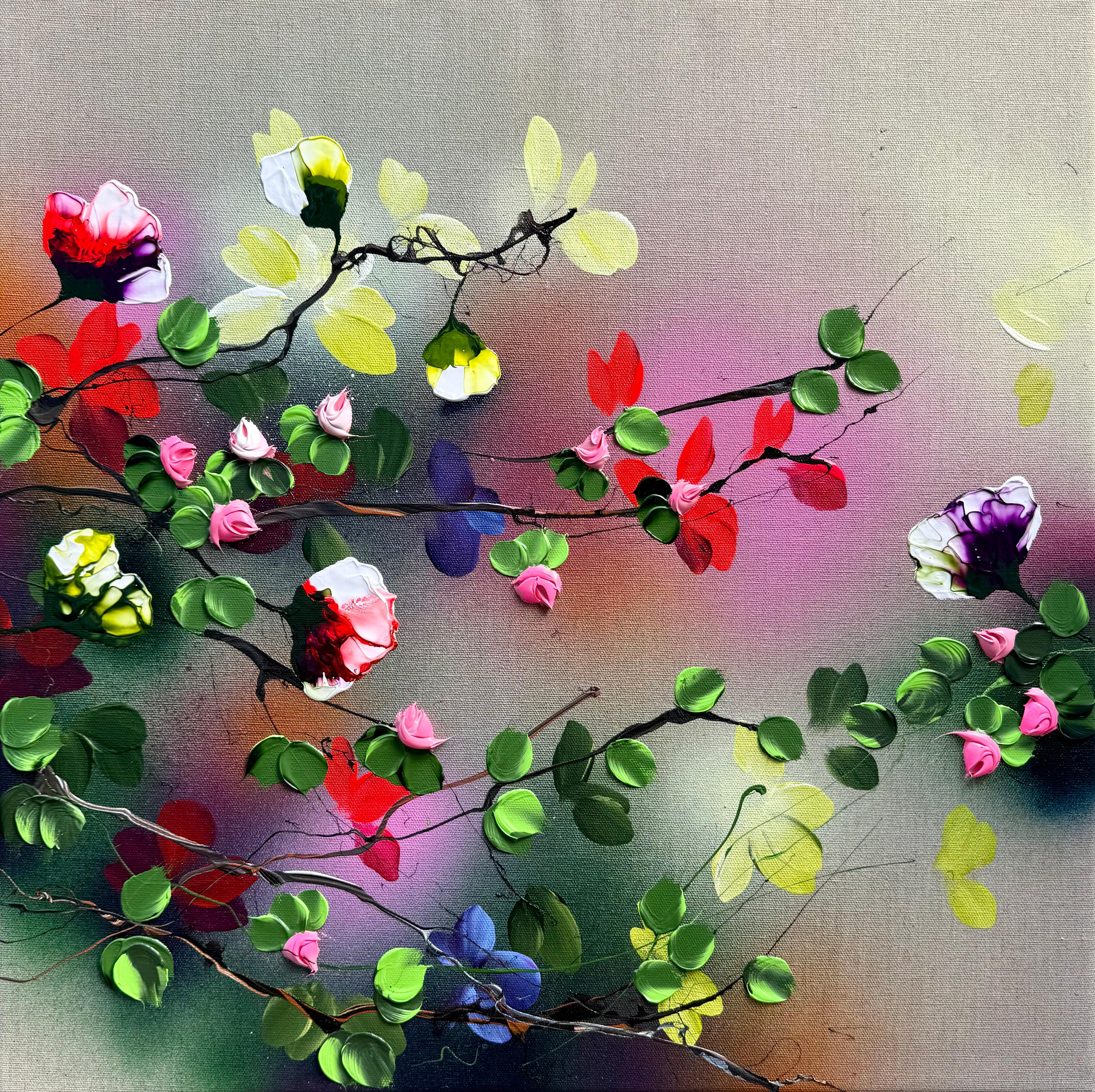 Anastassia Skopp Figurative Painting - Frequency I - colorful impasto painting on linen canvas with 3d flowers