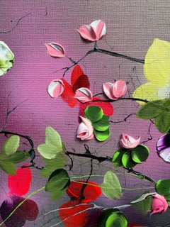 Frequency II - farbenfrohe Impasto-Malerei auf Leinen mit 3d Blumen