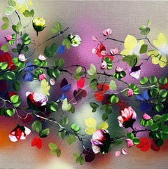 Frequency II - farbenfrohe Impasto-Malerei auf Leinen mit 3d Blumen