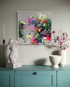Frequency III - farbenfrohe Impasto-Malerei auf Leinen mit 3d Blumen