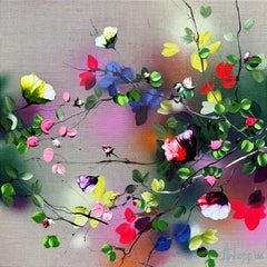 Frequency III - farbenfrohe Impasto-Malerei auf Leinen mit 3d Blumen