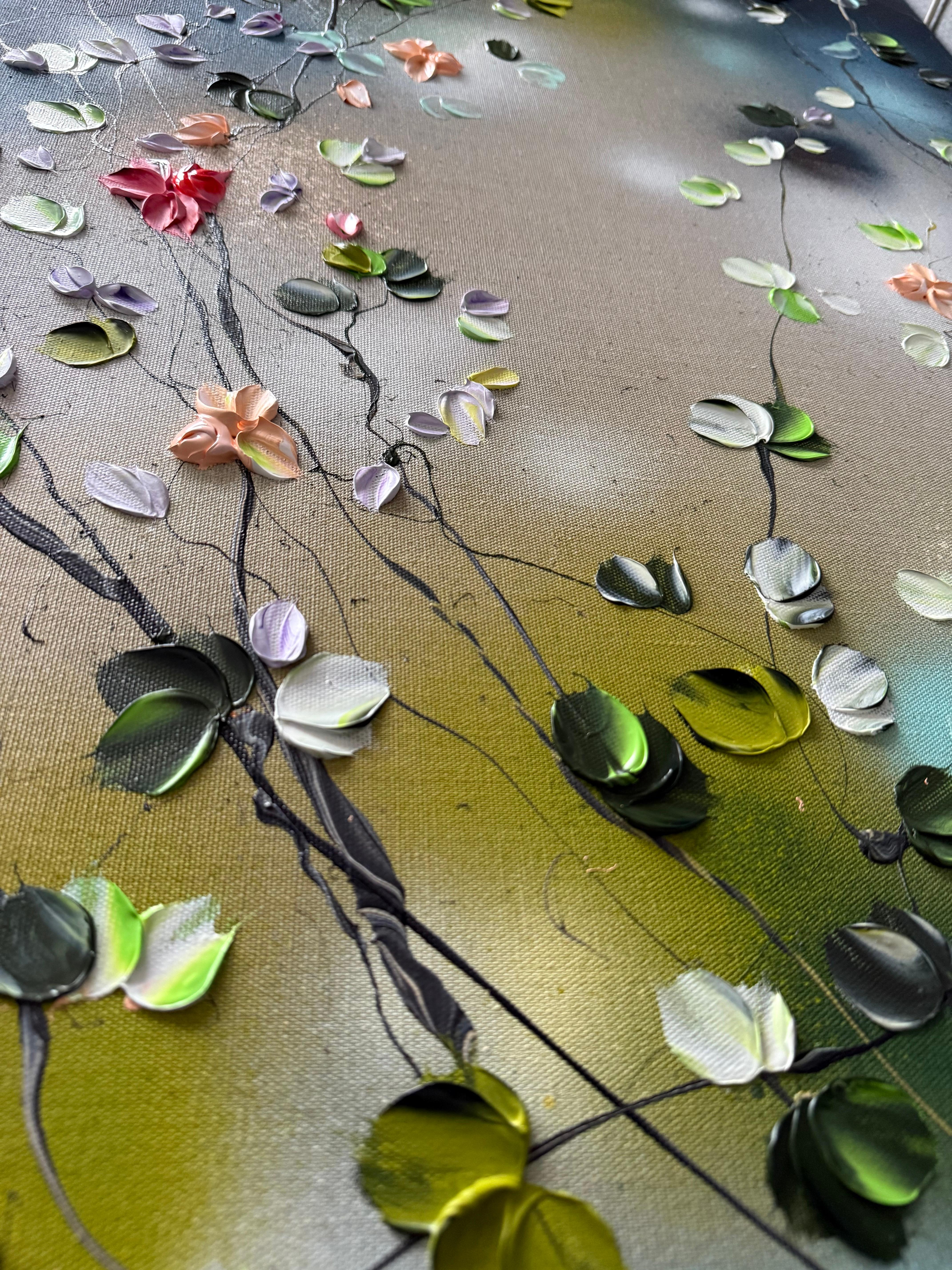 Fiori delicati -  paesaggio impressionista su tela di lino con rose 6