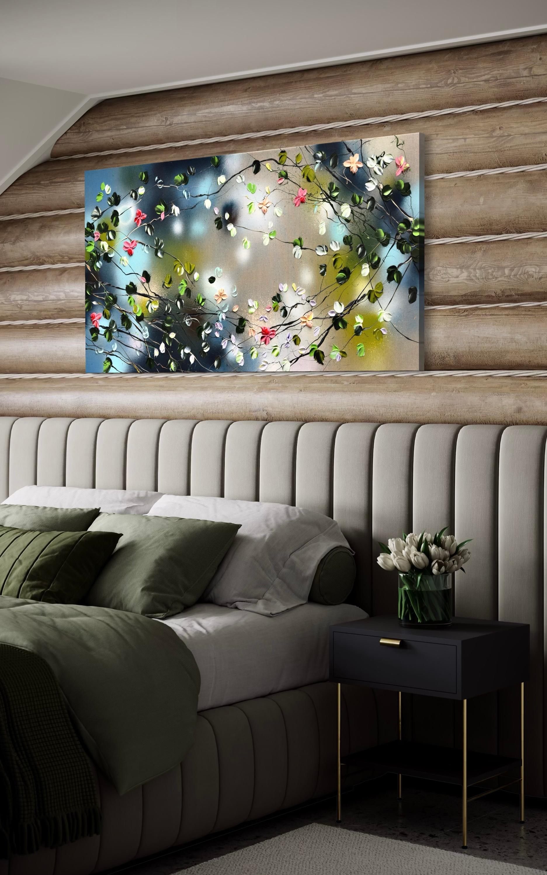 Fiori delicati -  paesaggio impressionista su tela di lino con rose 7