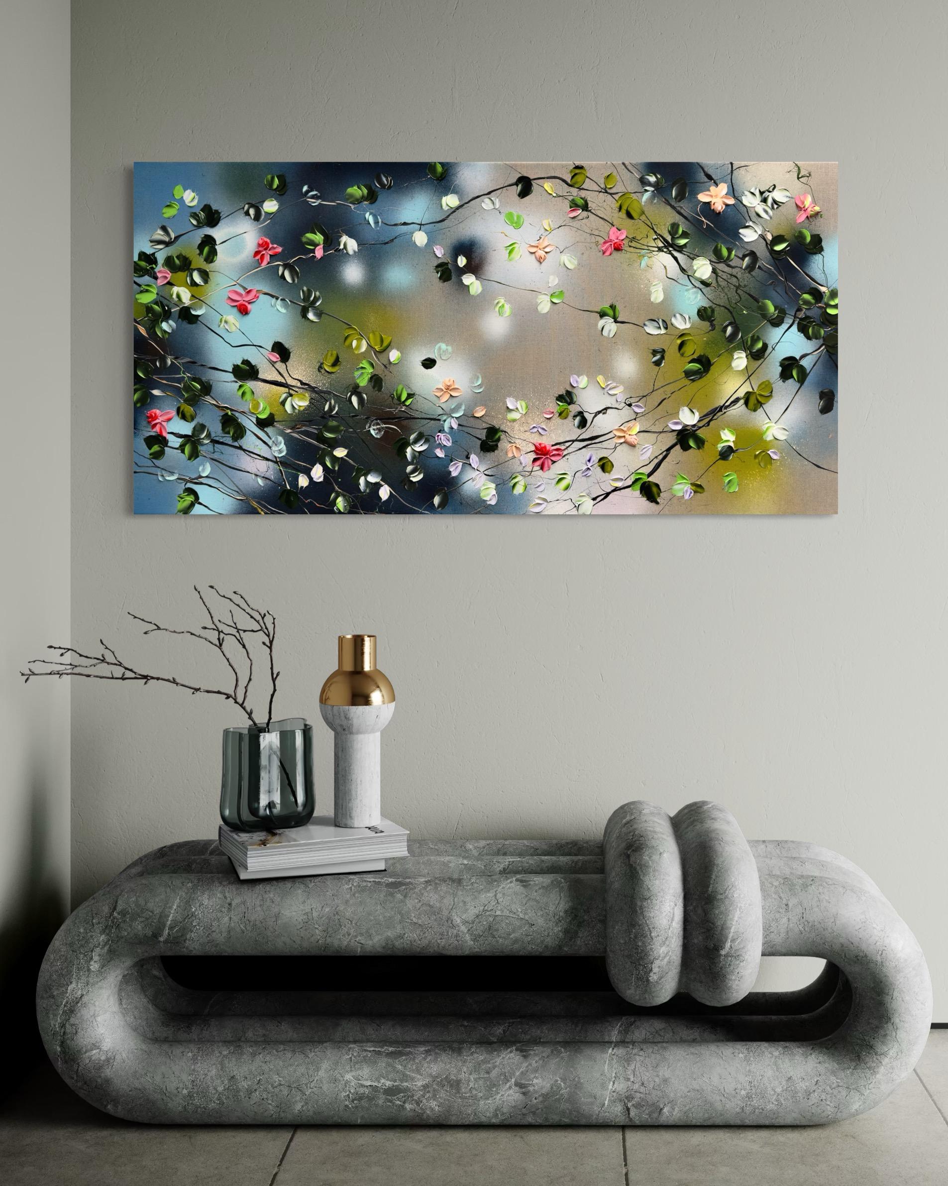 Fiori delicati -  paesaggio impressionista su tela di lino con rose 10