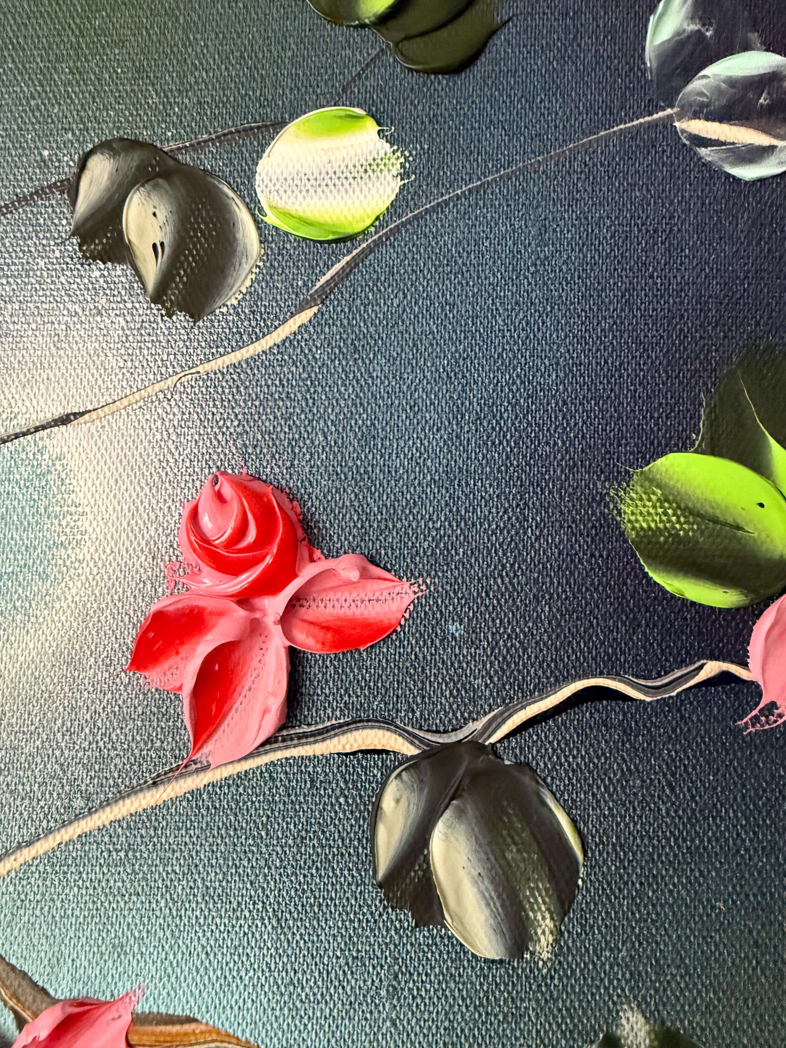 Fiori delicati -  paesaggio impressionista su tela di lino con rose - Painting di Anastassia Skopp