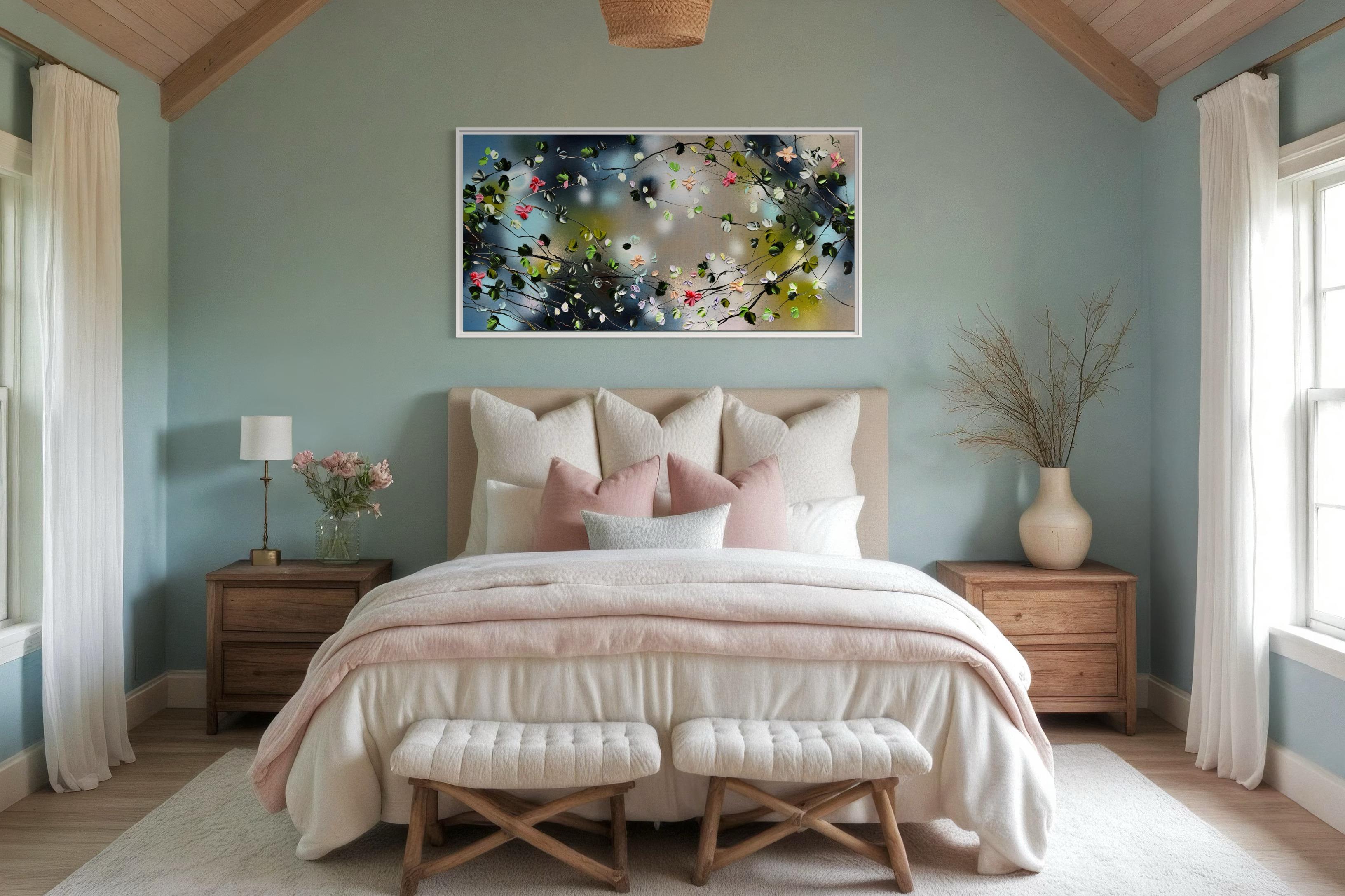 Fiori delicati -  paesaggio impressionista su tela di lino con rose 2
