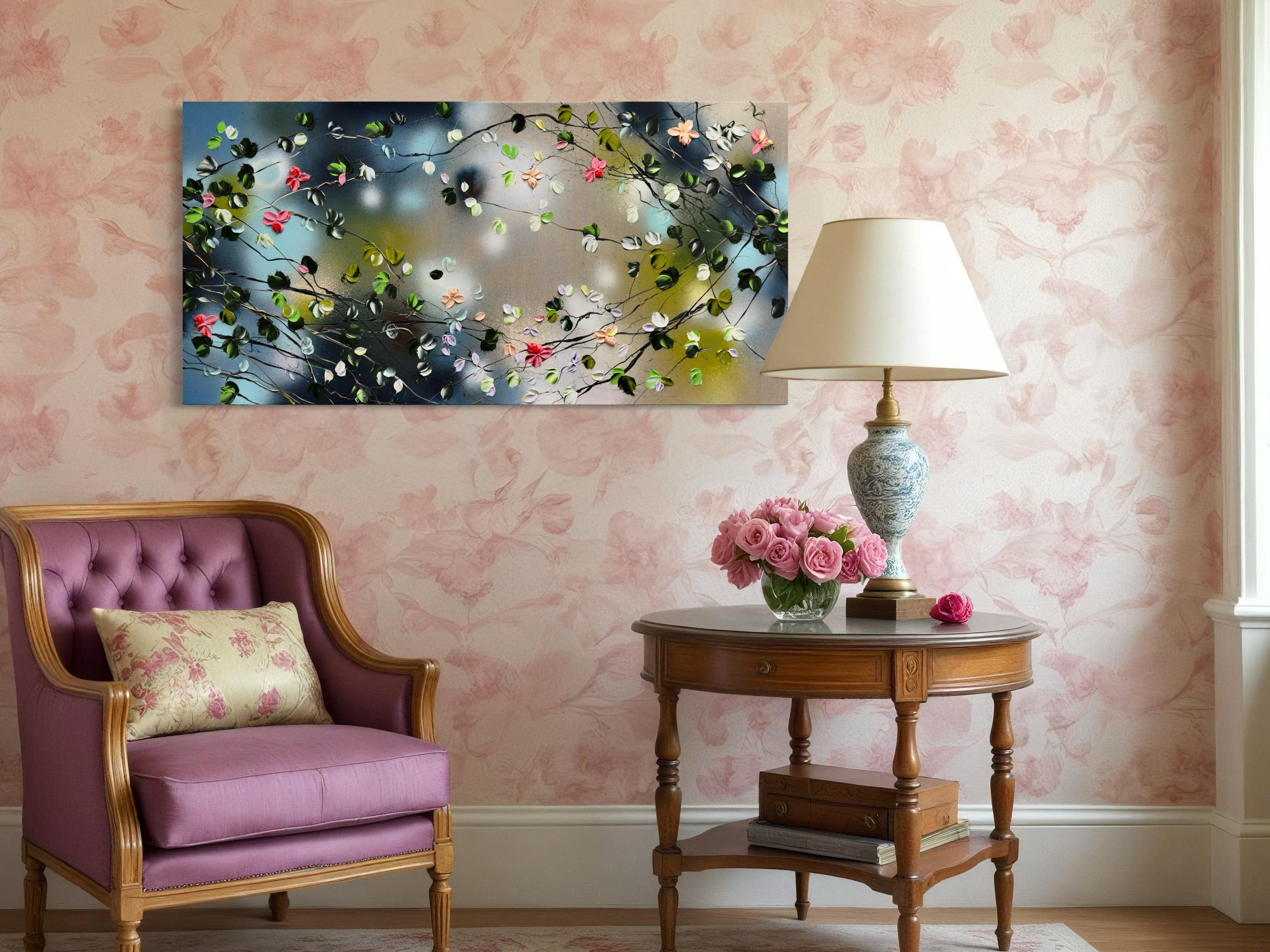 Fiori delicati -  paesaggio impressionista su tela di lino con rose 4