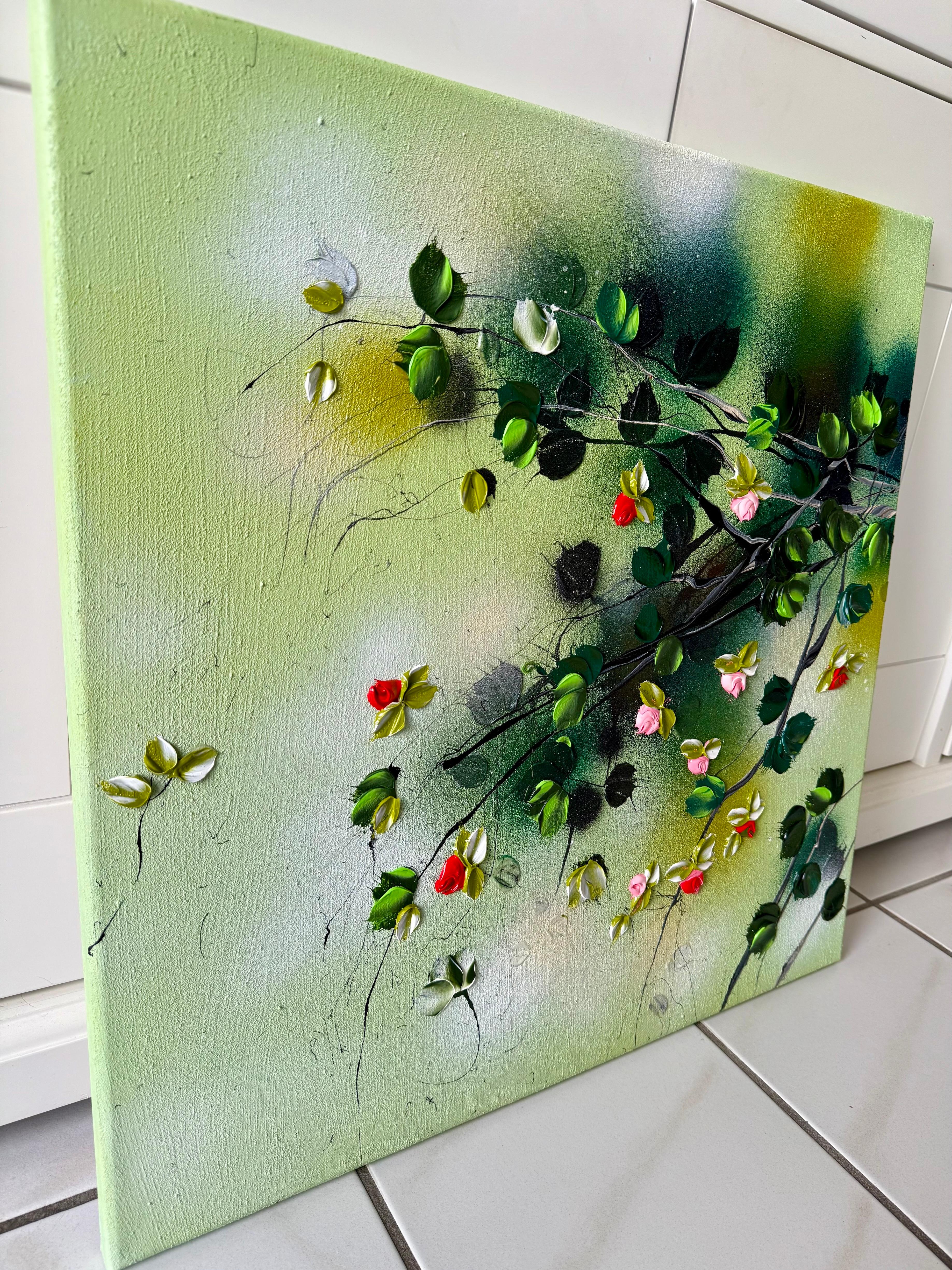 Green Rose Bush -  impressionistic painting on canvas with 3d roses For Sale 5
