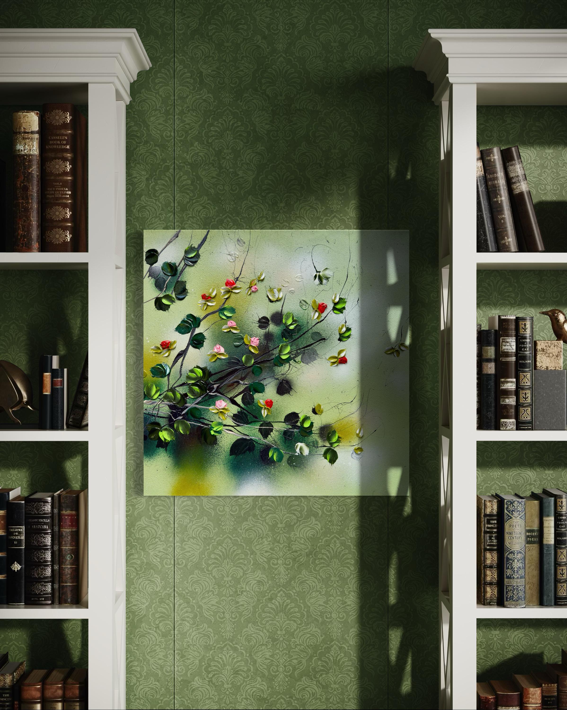 Green Rose Bush -  impressionistic painting on canvas with 3d roses For Sale 6