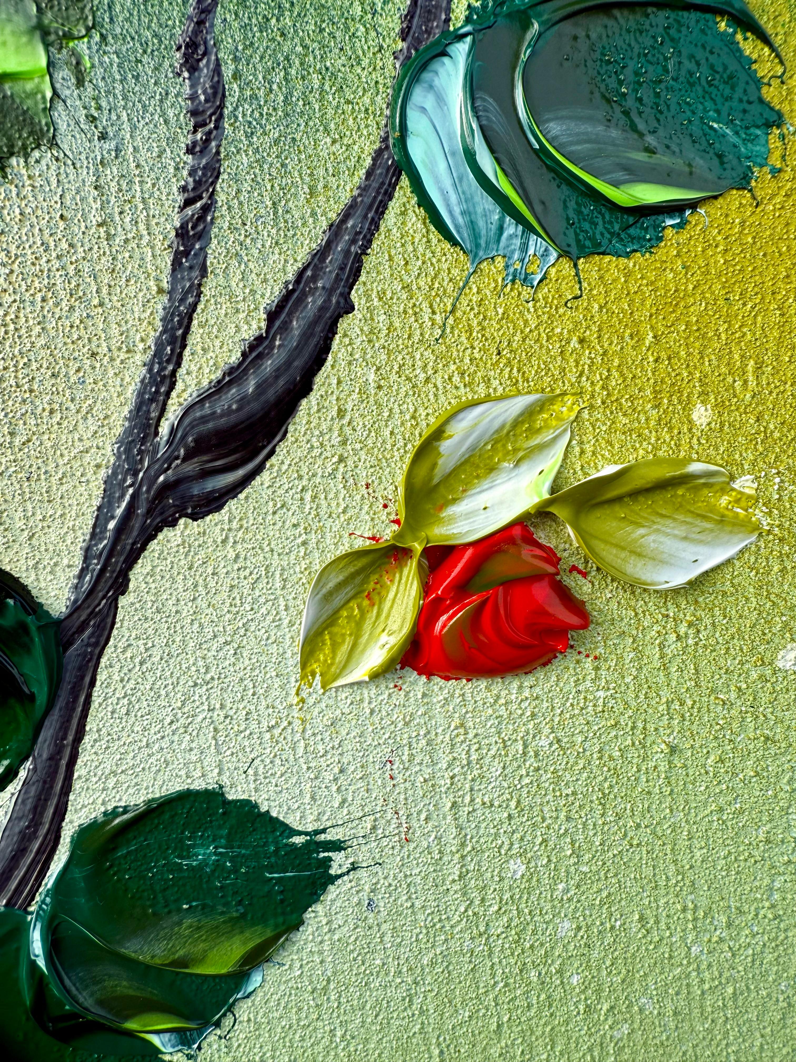 Green Rose Bush -  impressionistic painting on canvas with 3d roses For Sale 7