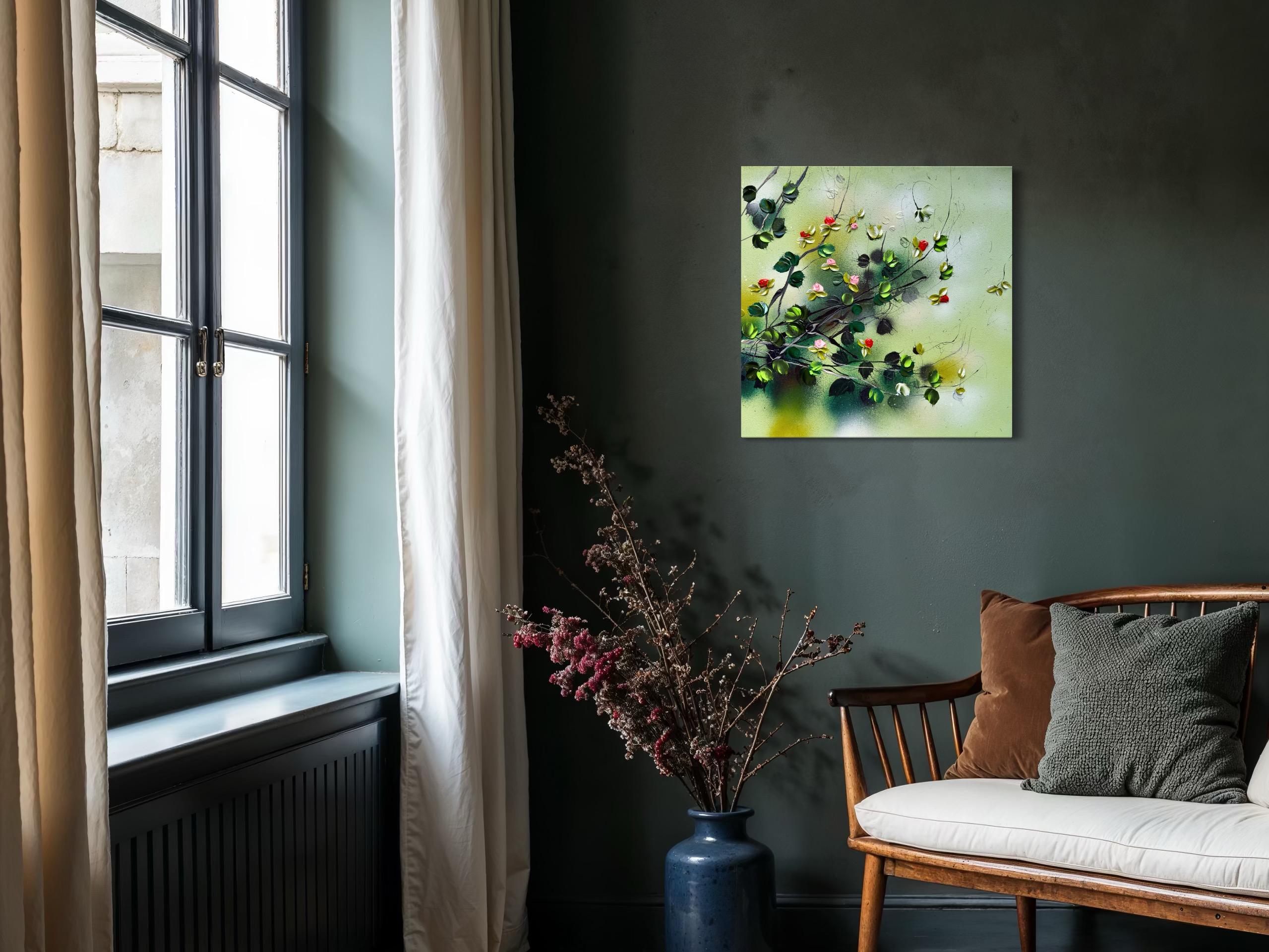 Green Rose Bush -  impressionistic painting on canvas with 3d roses For Sale 9