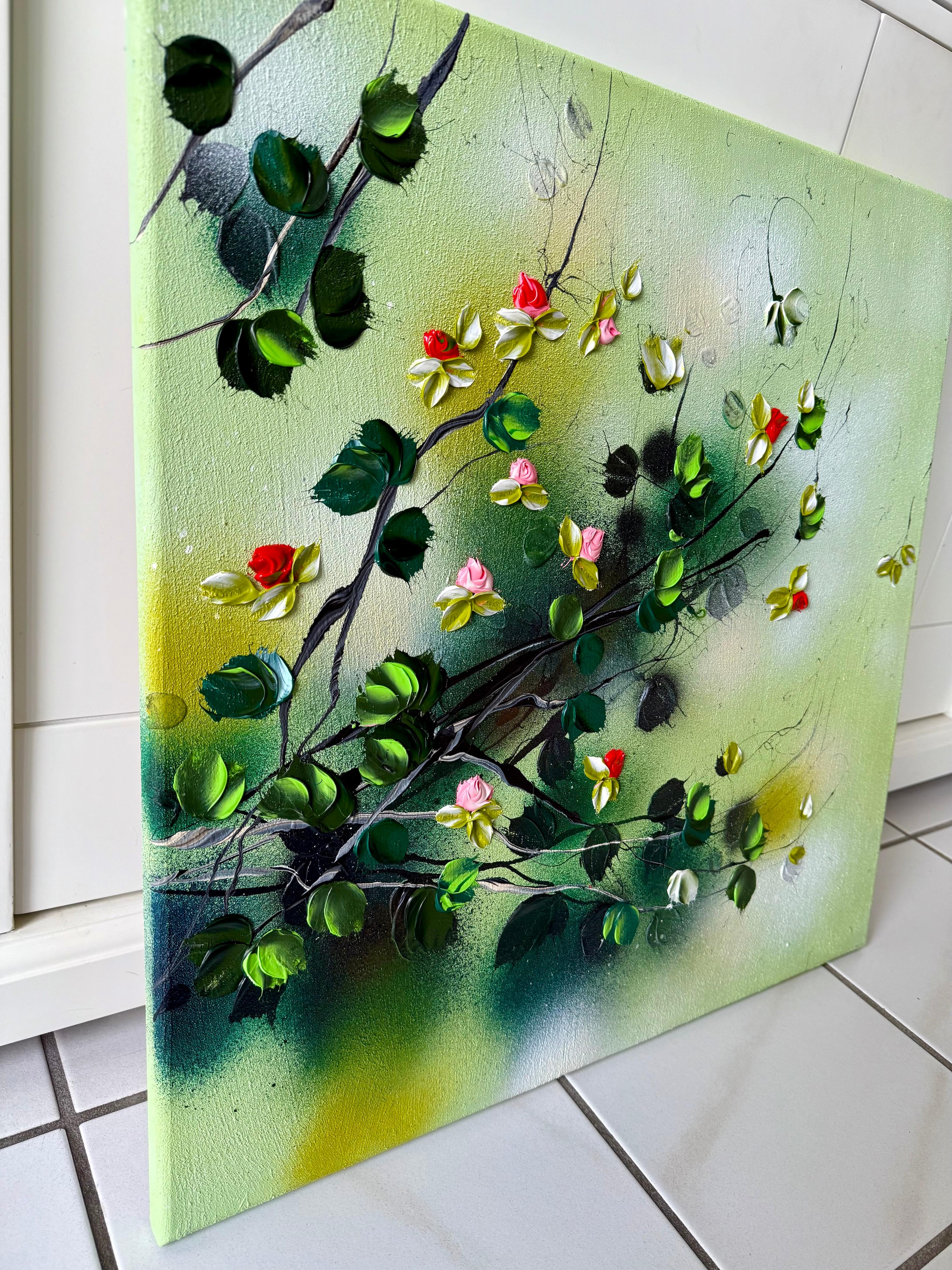 Green Rose Bush -  impressionistic painting on canvas with 3d roses - Painting by Anastassia Skopp