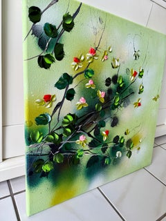 Green Rose Bush -  impressionistic painting on canvas with 3d roses