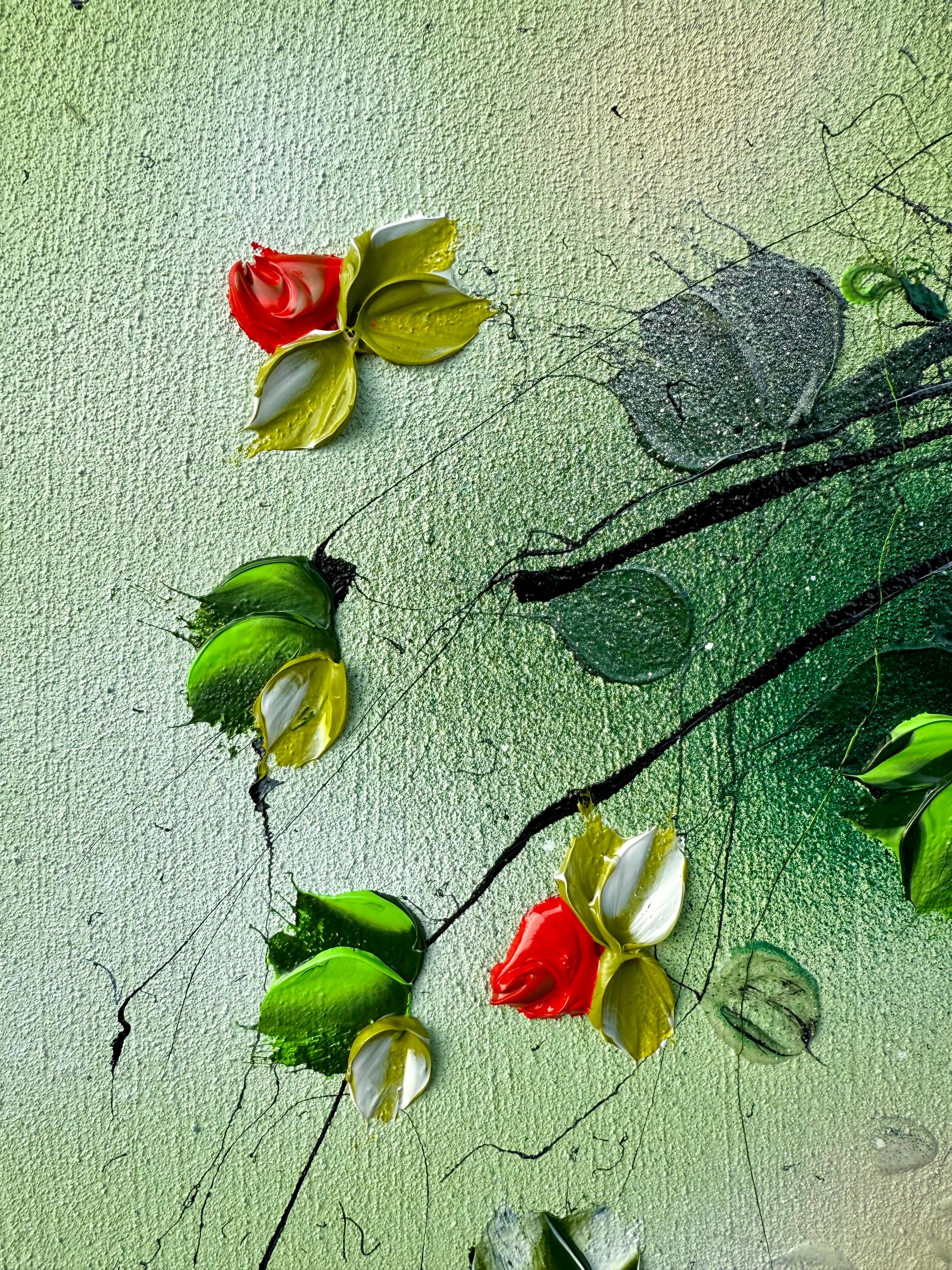 Green Rose Bush -  impressionistic painting on canvas with 3d roses - Abstract Impressionist Painting by Anastassia Skopp