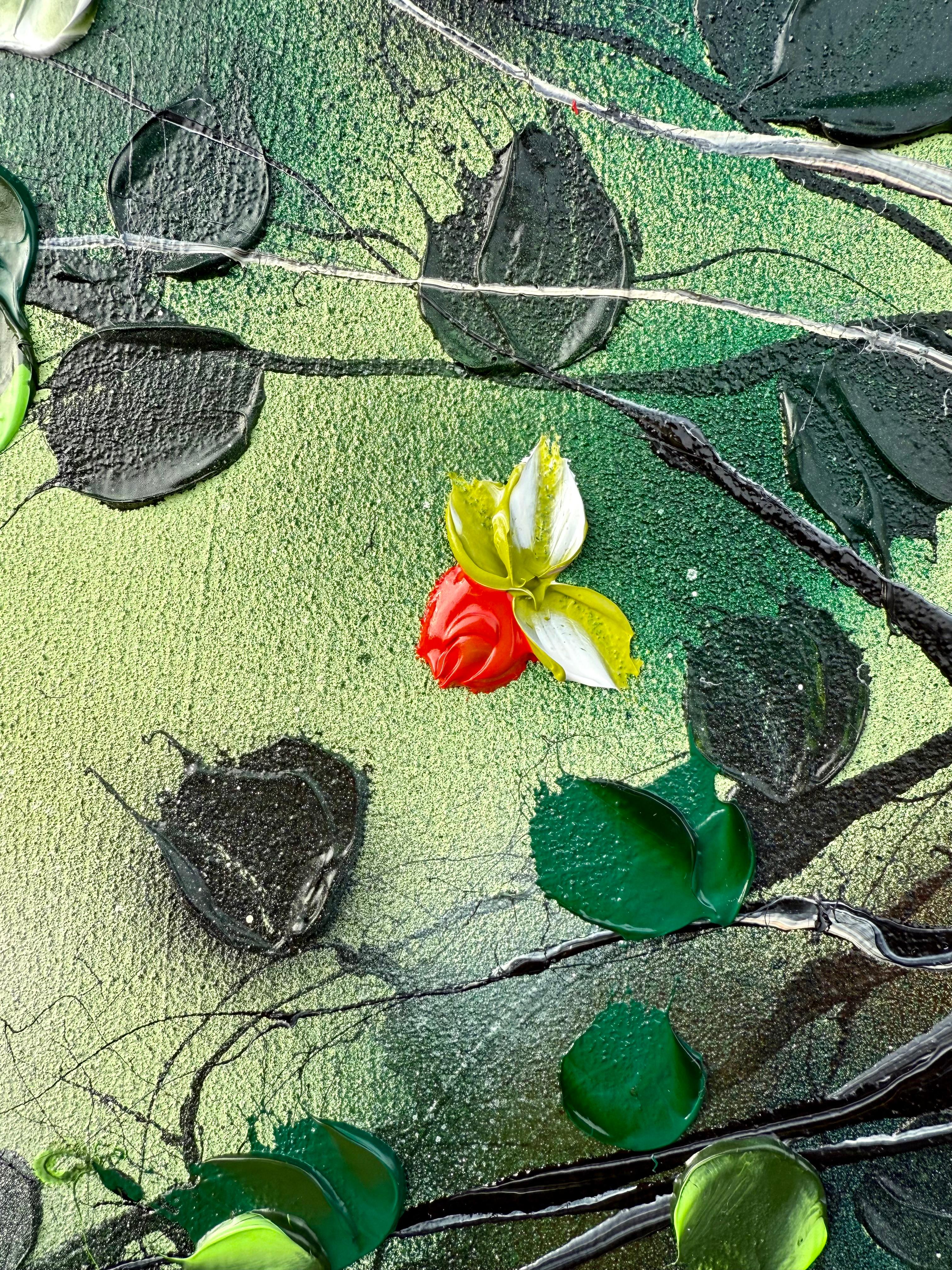 Green Rose Bush -  impressionistic painting on canvas with 3d roses - Gray Figurative Painting by Anastassia Skopp