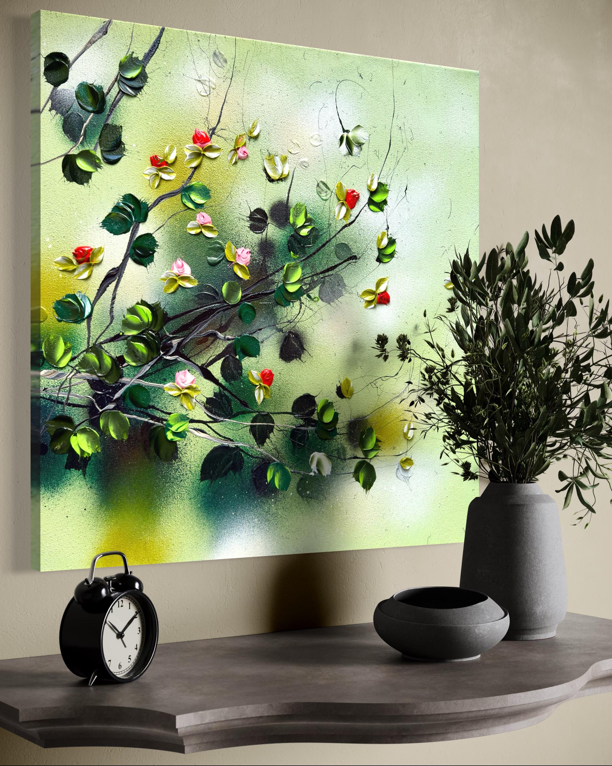 Green Rose Bush -  impressionistic painting on canvas with 3d roses For Sale 1