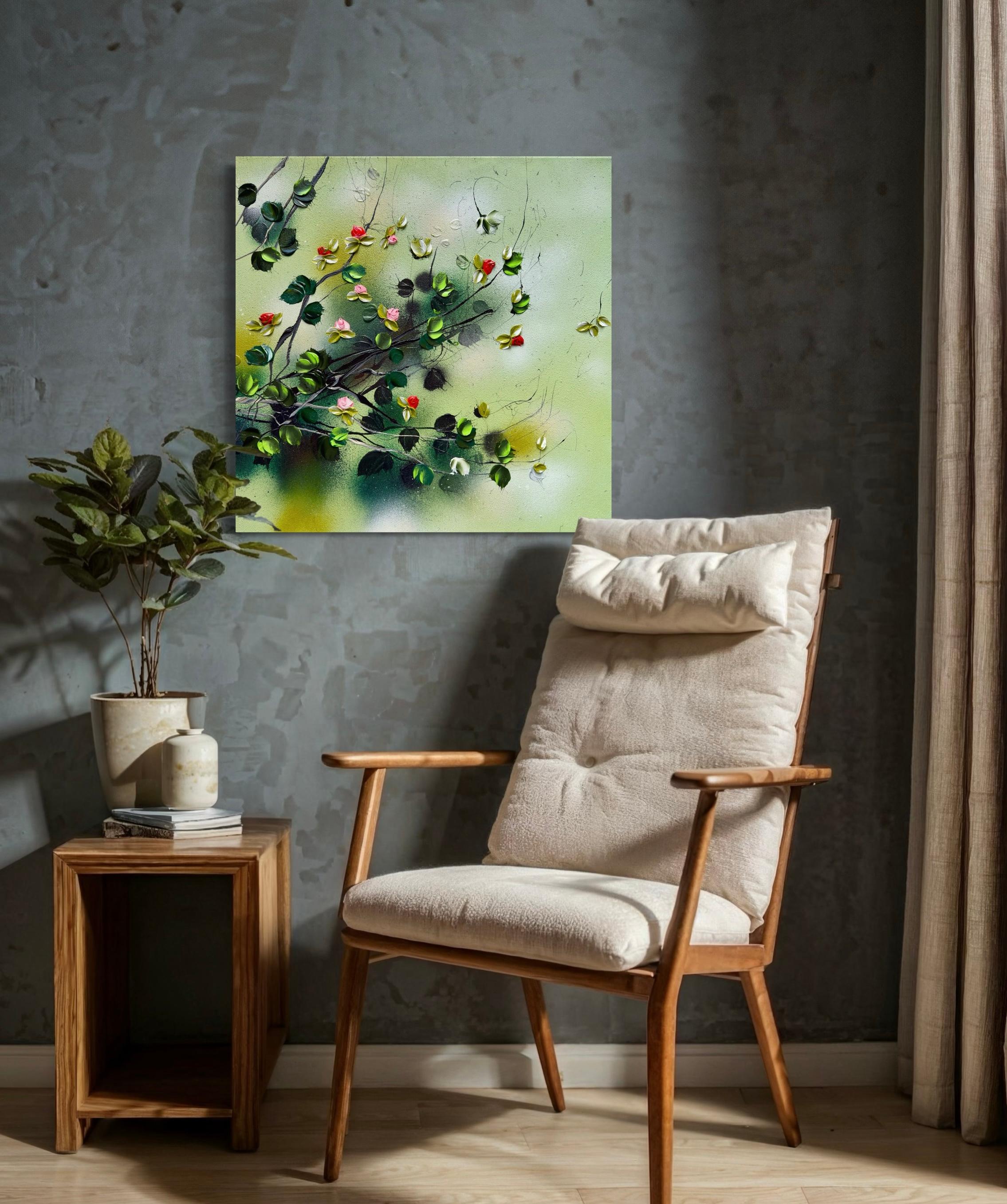 Green Rose Bush -  impressionistic painting on canvas with 3d roses For Sale 2