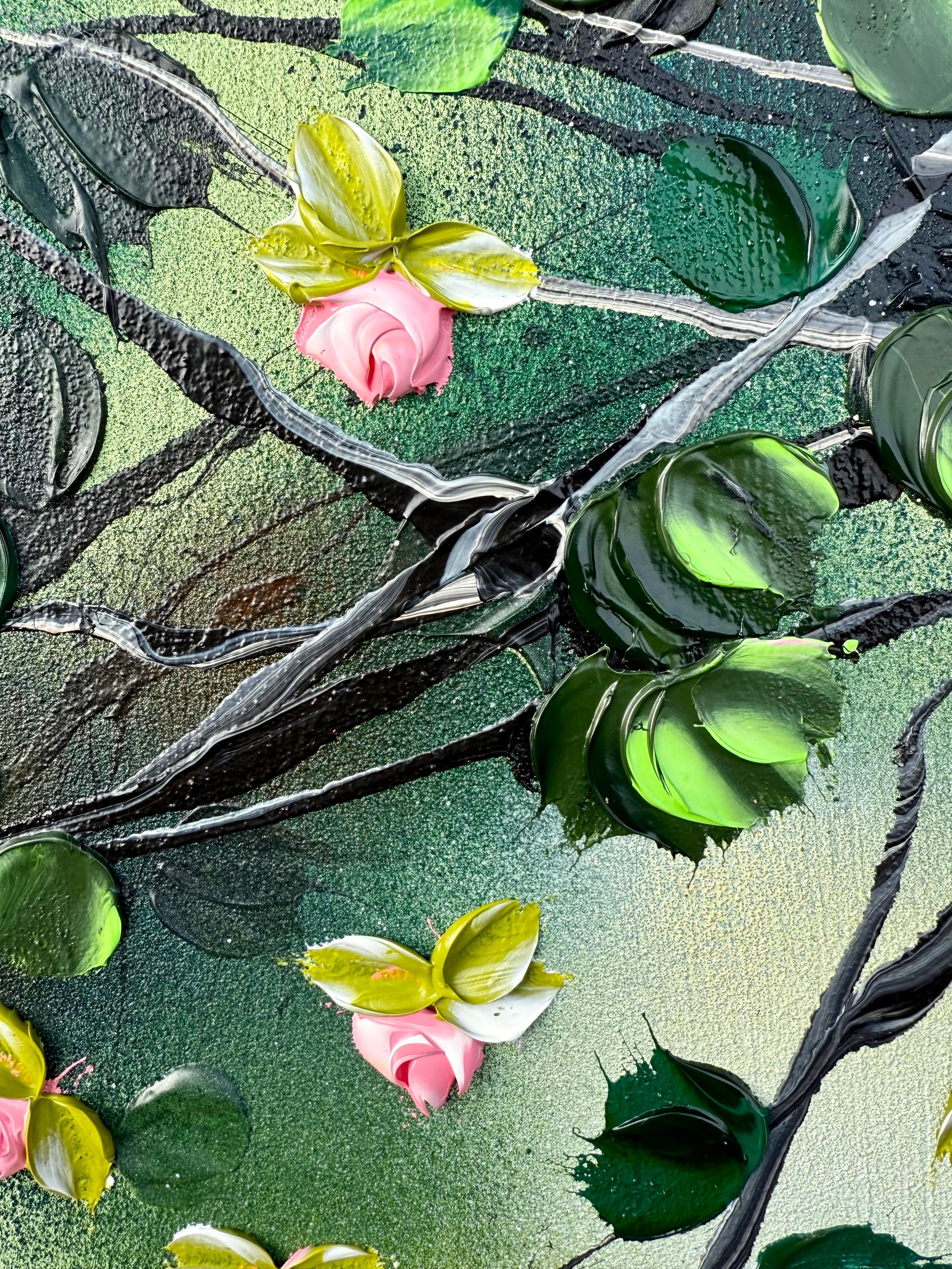 Green Rose Bush -  impressionistic painting on canvas with 3d roses For Sale 3