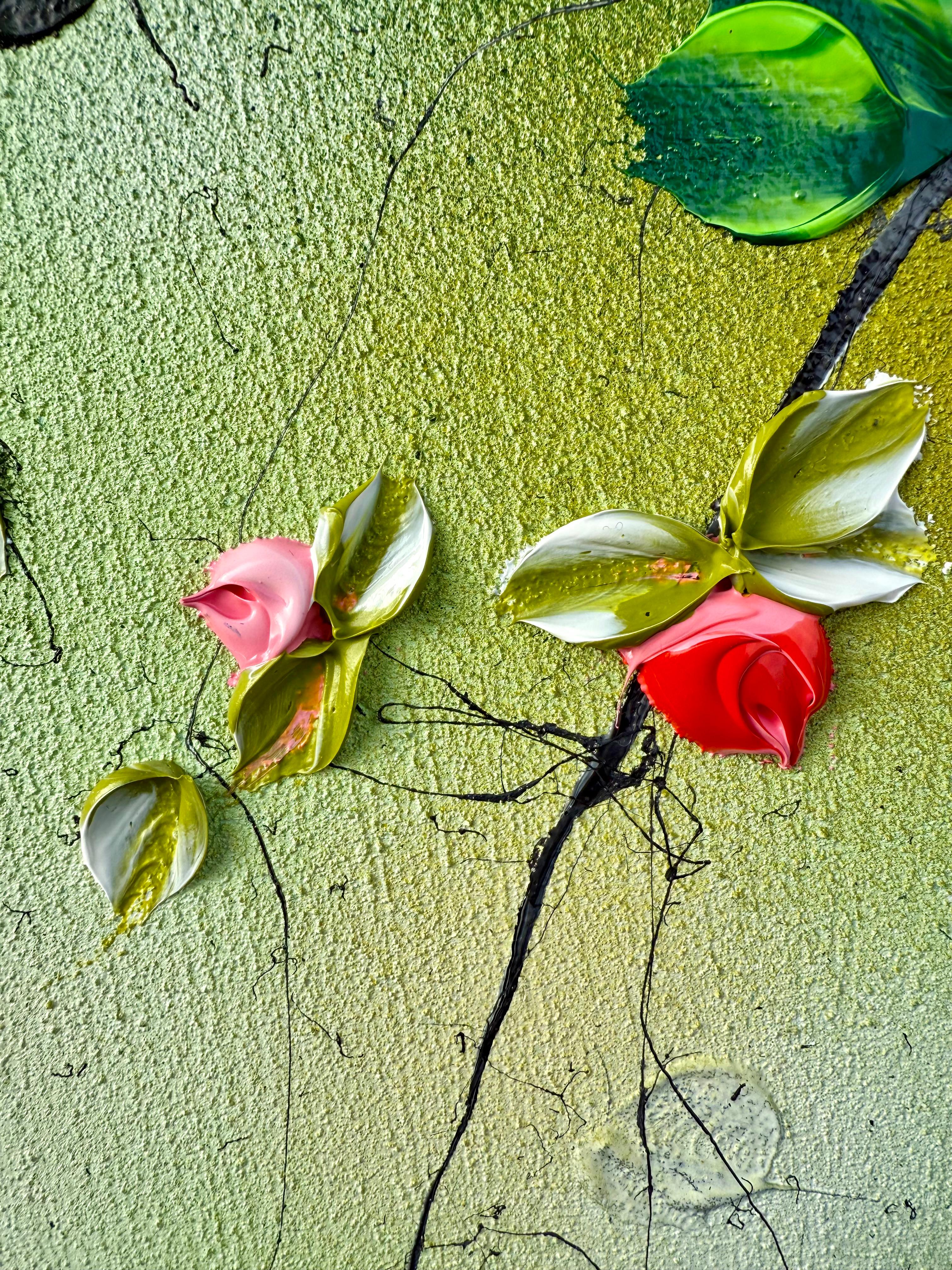 Green Rose Bush -  impressionistic painting on canvas with 3d roses For Sale 4