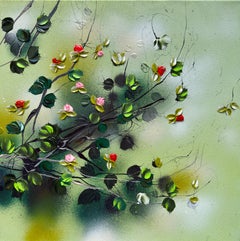 Rosal Verde -  pintura impresionista sobre lienzo con rosas en 3d