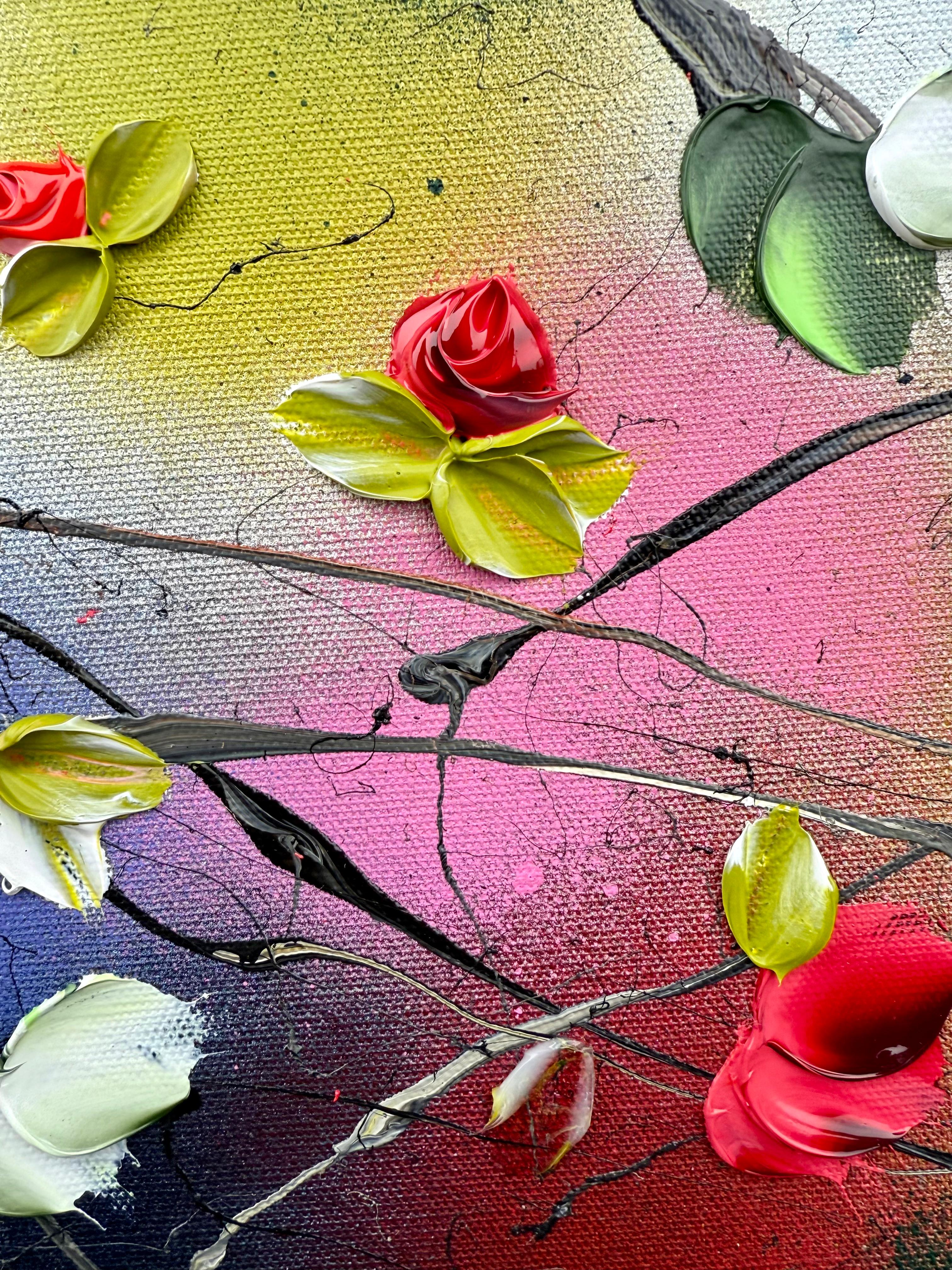 Espejismo -  paisaje pintura impresionista sobre lienzo de lino con rosas rojas en venta 5