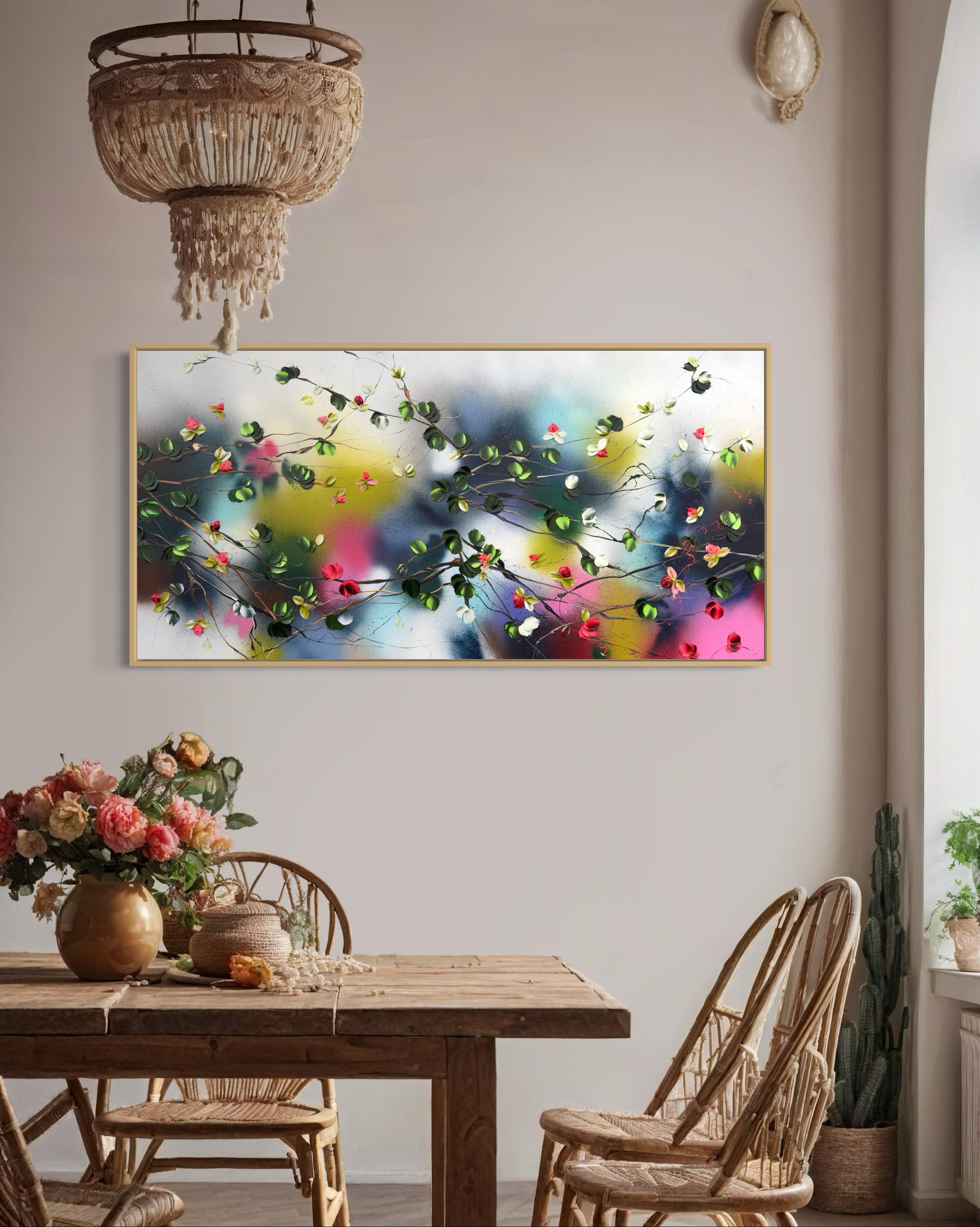 Espejismo -  paisaje pintura impresionista sobre lienzo de lino con rosas rojas en venta 6