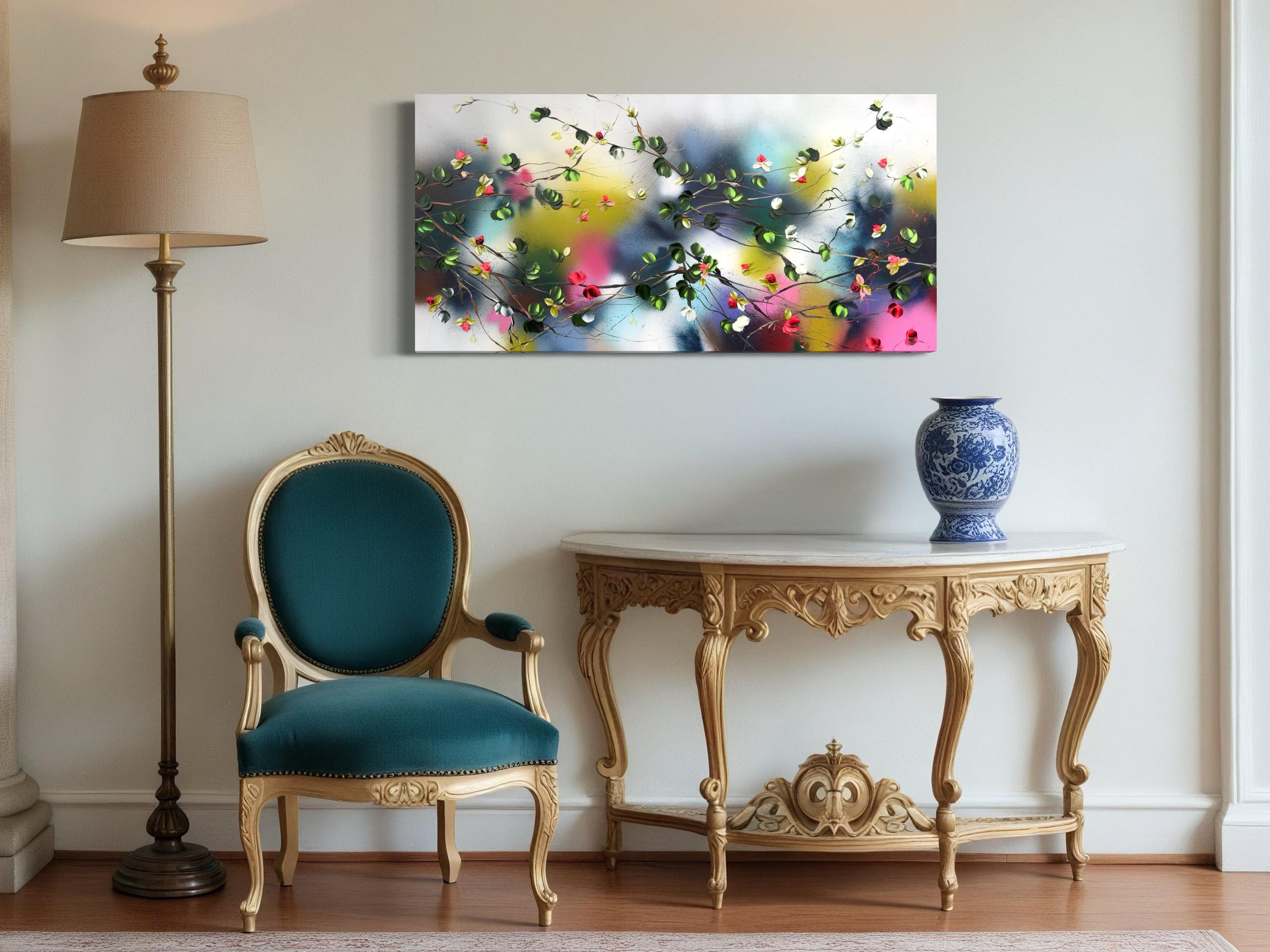 Espejismo -  paisaje pintura impresionista sobre lienzo de lino con rosas rojas en venta 7