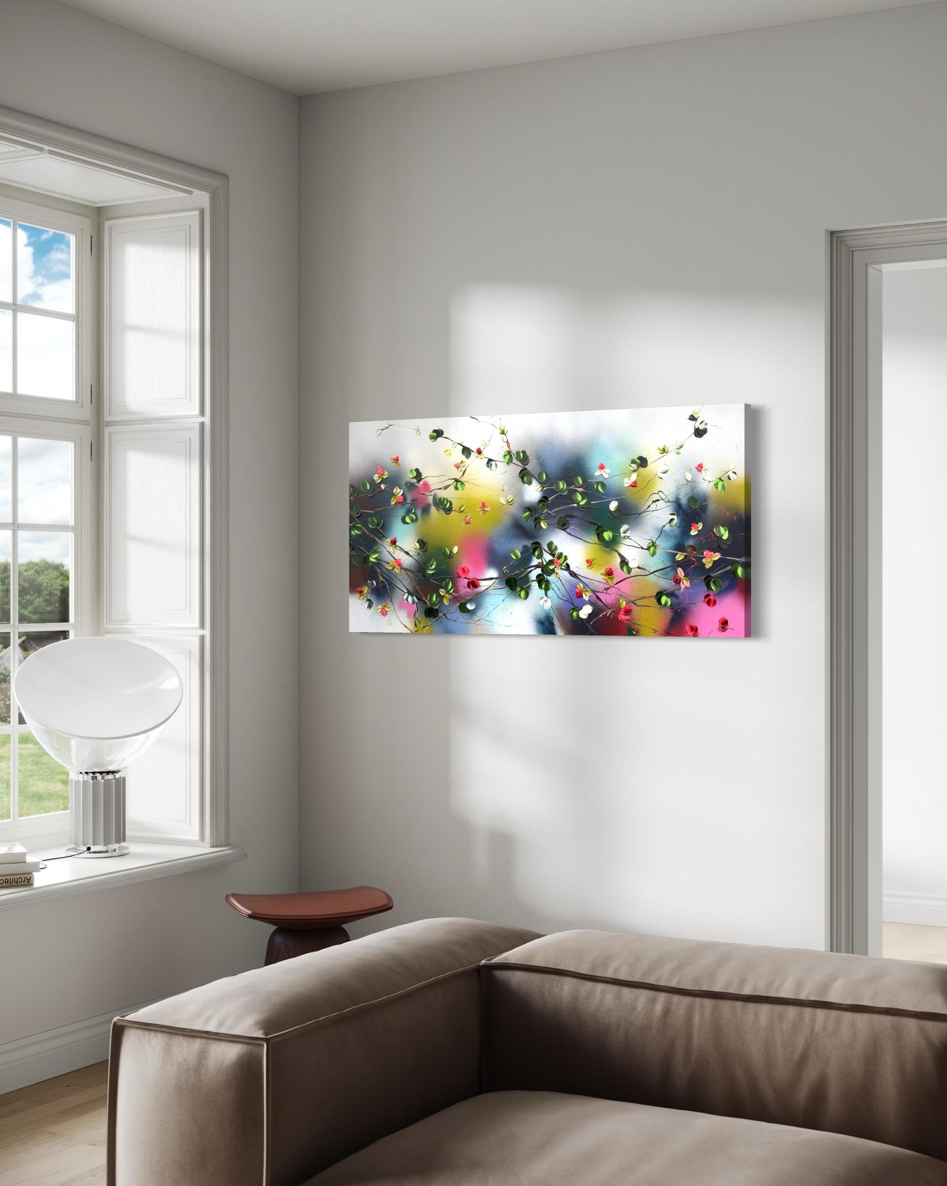 Espejismo -  paisaje pintura impresionista sobre lienzo de lino con rosas rojas en venta 8
