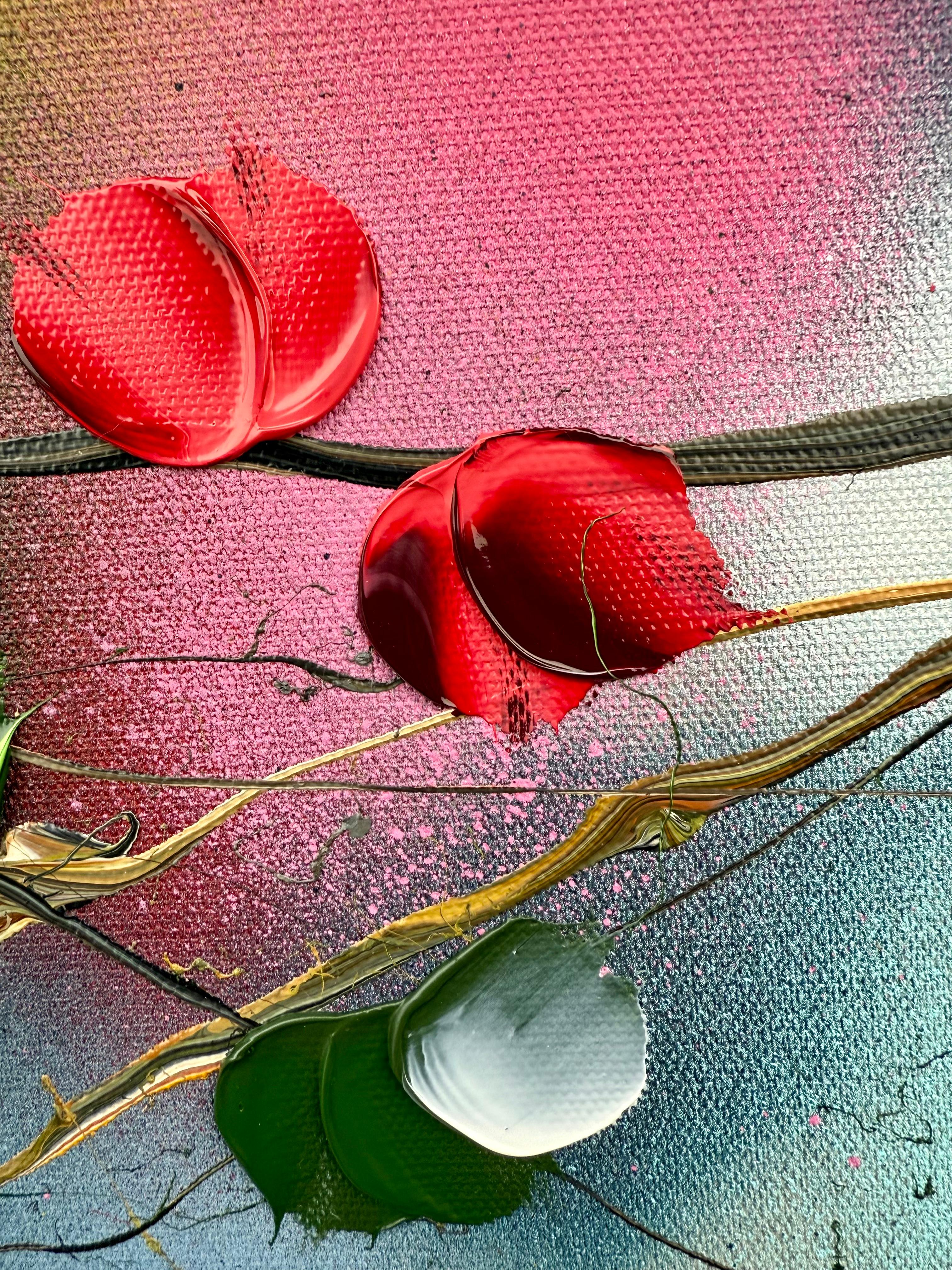 Espejismo -  paisaje pintura impresionista sobre lienzo de lino con rosas rojas en venta 10