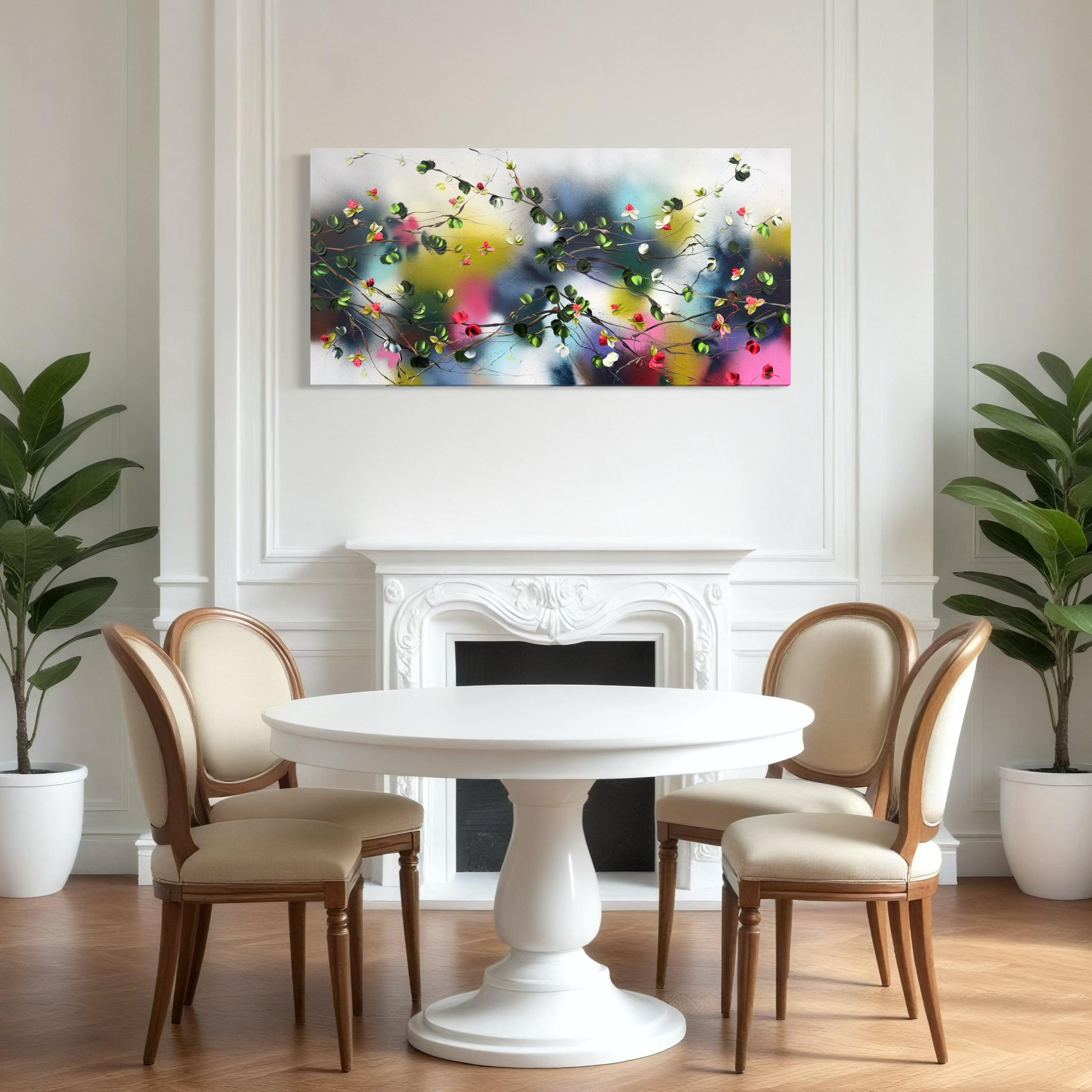Espejismo -  paisaje pintura impresionista sobre lienzo de lino con rosas rojas en venta 12