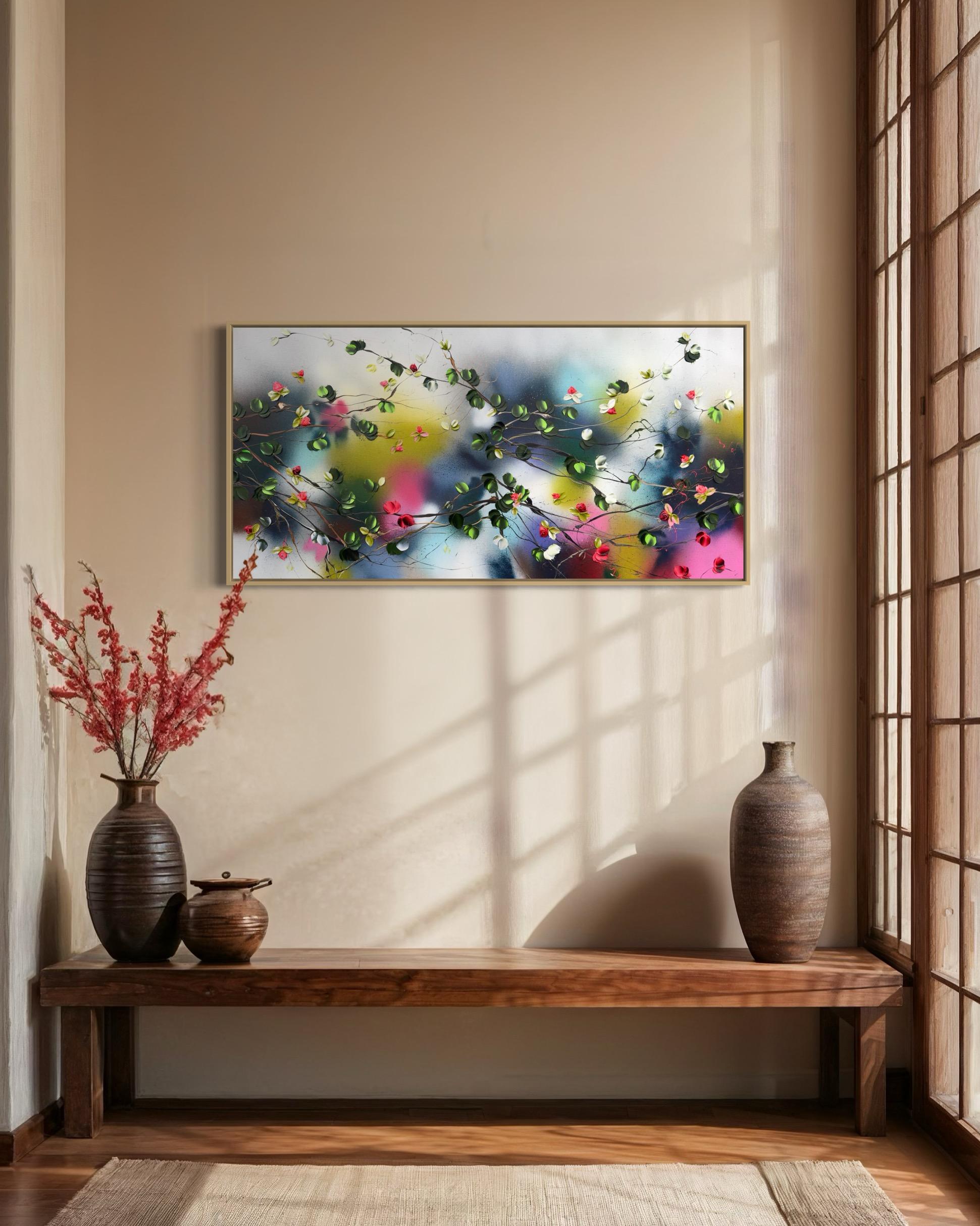 Espejismo -  paisaje pintura impresionista sobre lienzo de lino con rosas rojas en venta 13