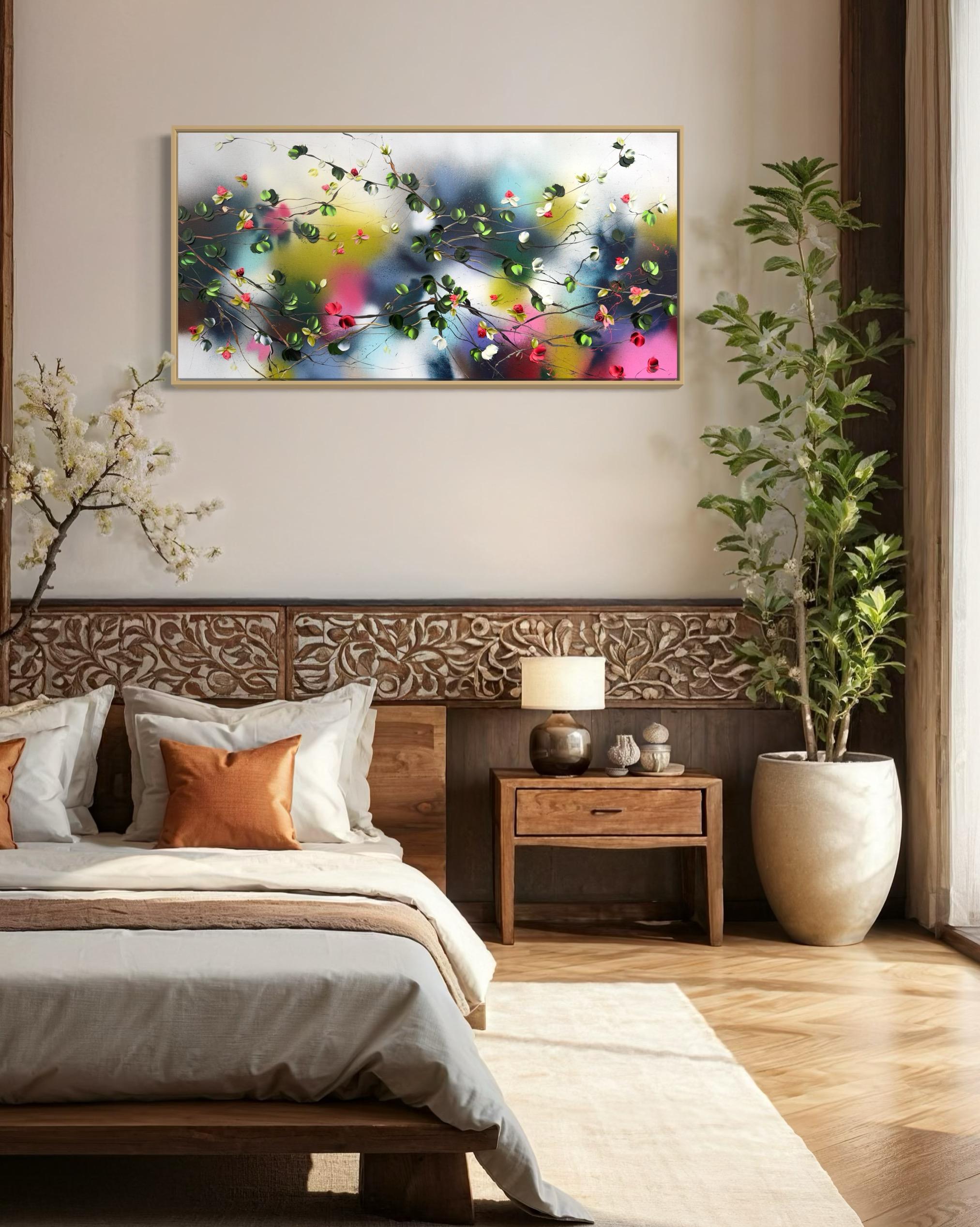 Espejismo -  paisaje pintura impresionista sobre lienzo de lino con rosas rojas en venta 14