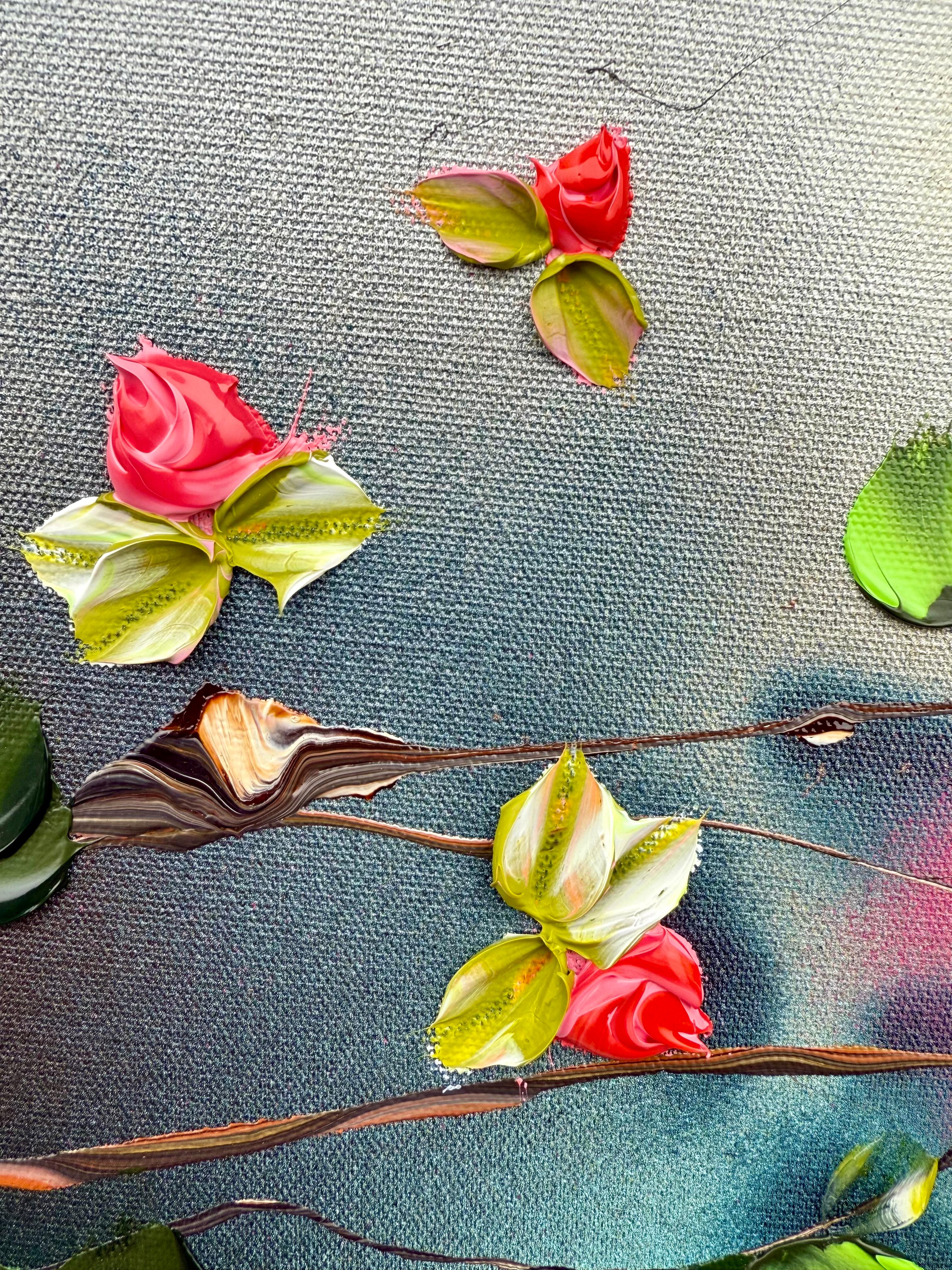 Espejismo -  paisaje pintura impresionista sobre lienzo de lino con rosas rojas - Painting Impresionista abstracto de Anastassia Skopp