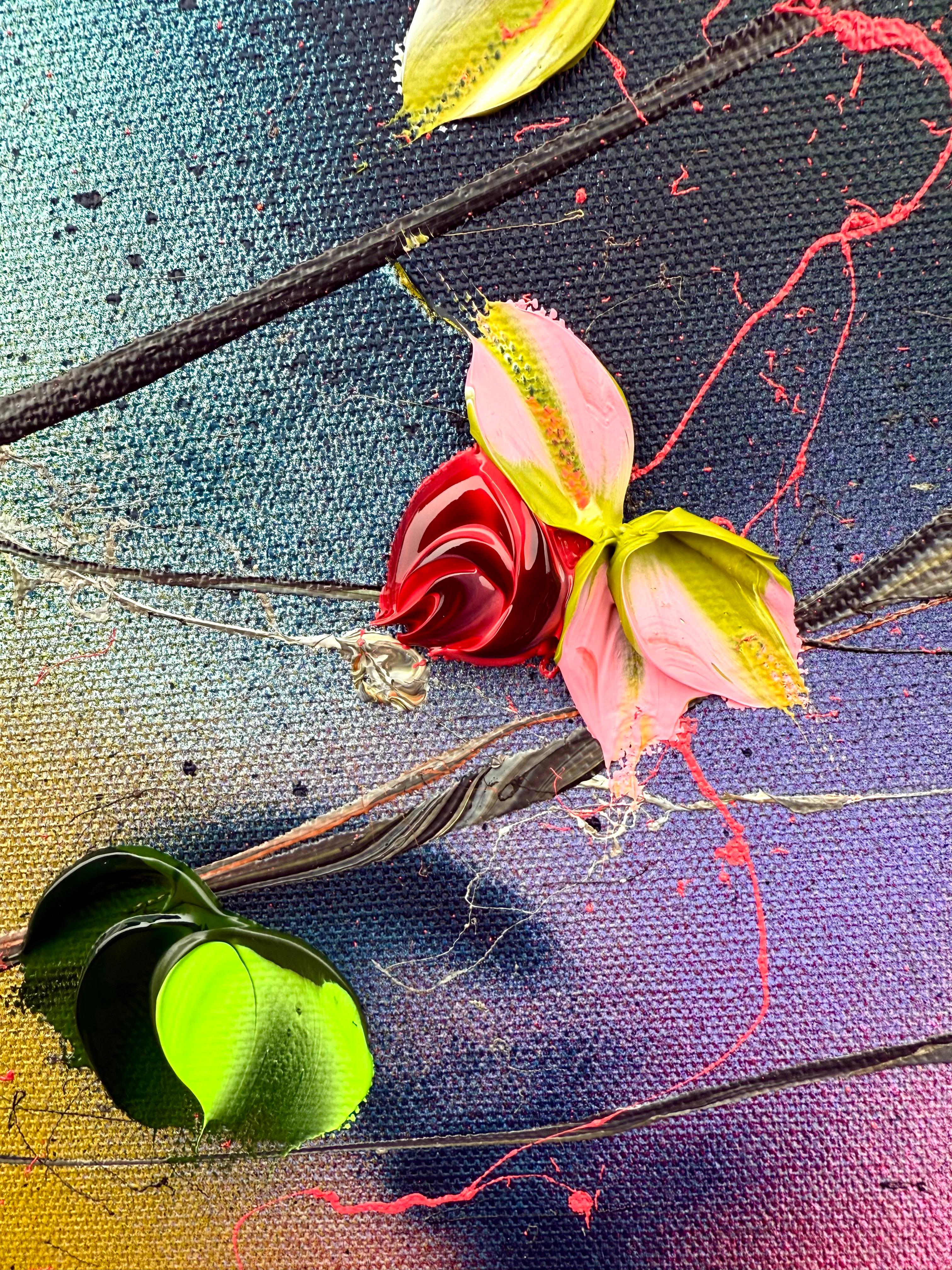Espejismo -  paisaje pintura impresionista sobre lienzo de lino con rosas rojas - Figurative Painting Gris de Anastassia Skopp