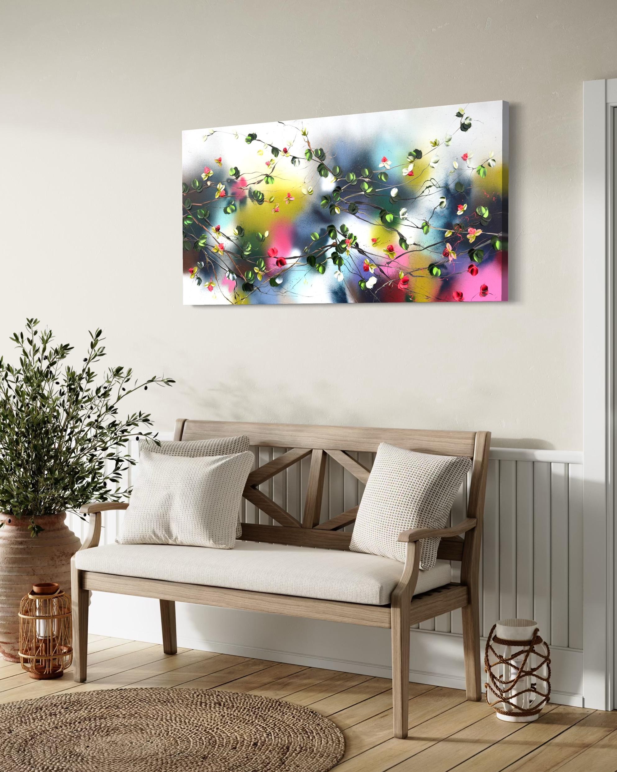 Espejismo -  paisaje pintura impresionista sobre lienzo de lino con rosas rojas en venta 1