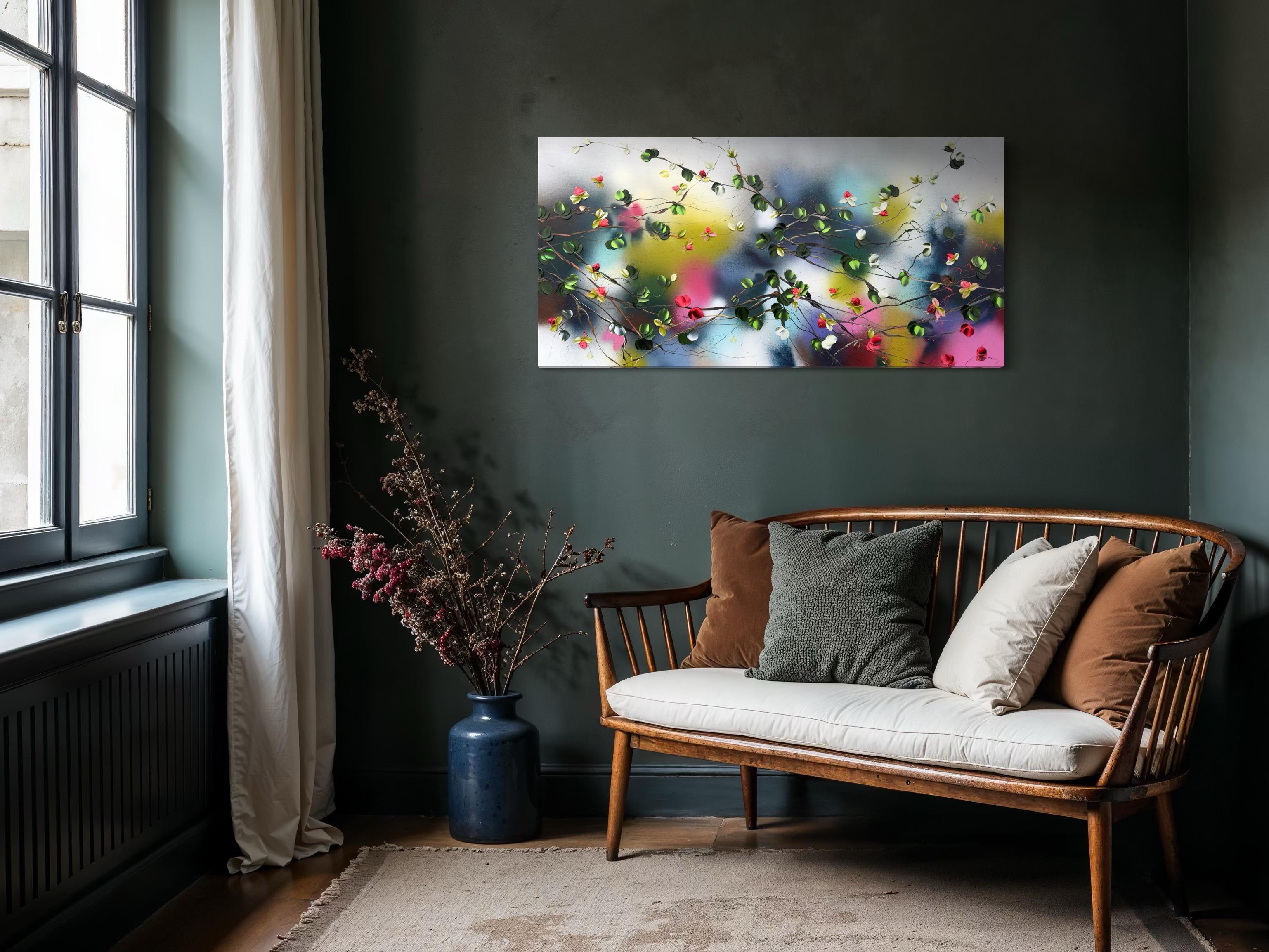Espejismo -  paisaje pintura impresionista sobre lienzo de lino con rosas rojas en venta 2