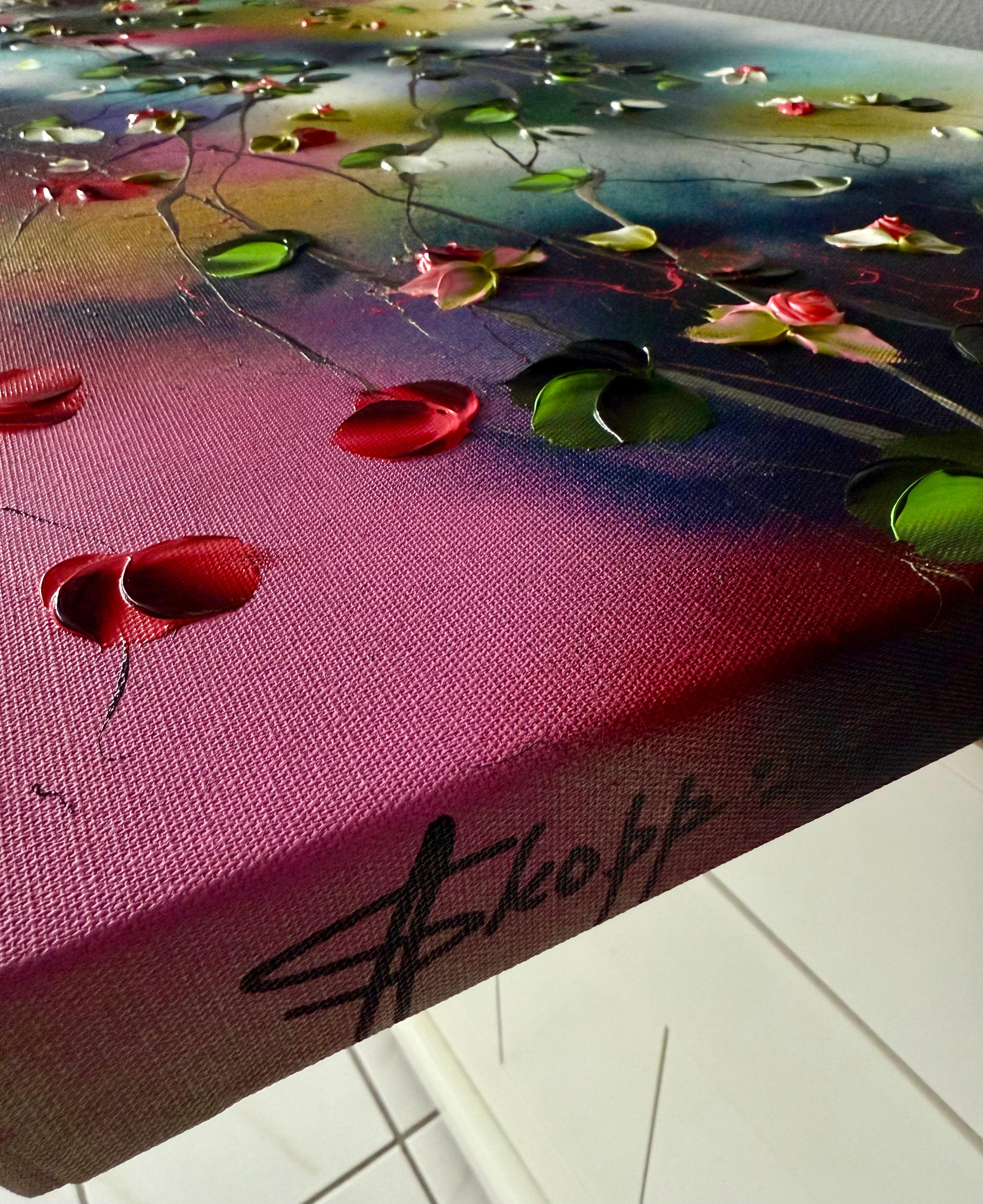 Espejismo -  paisaje pintura impresionista sobre lienzo de lino con rosas rojas en venta 3