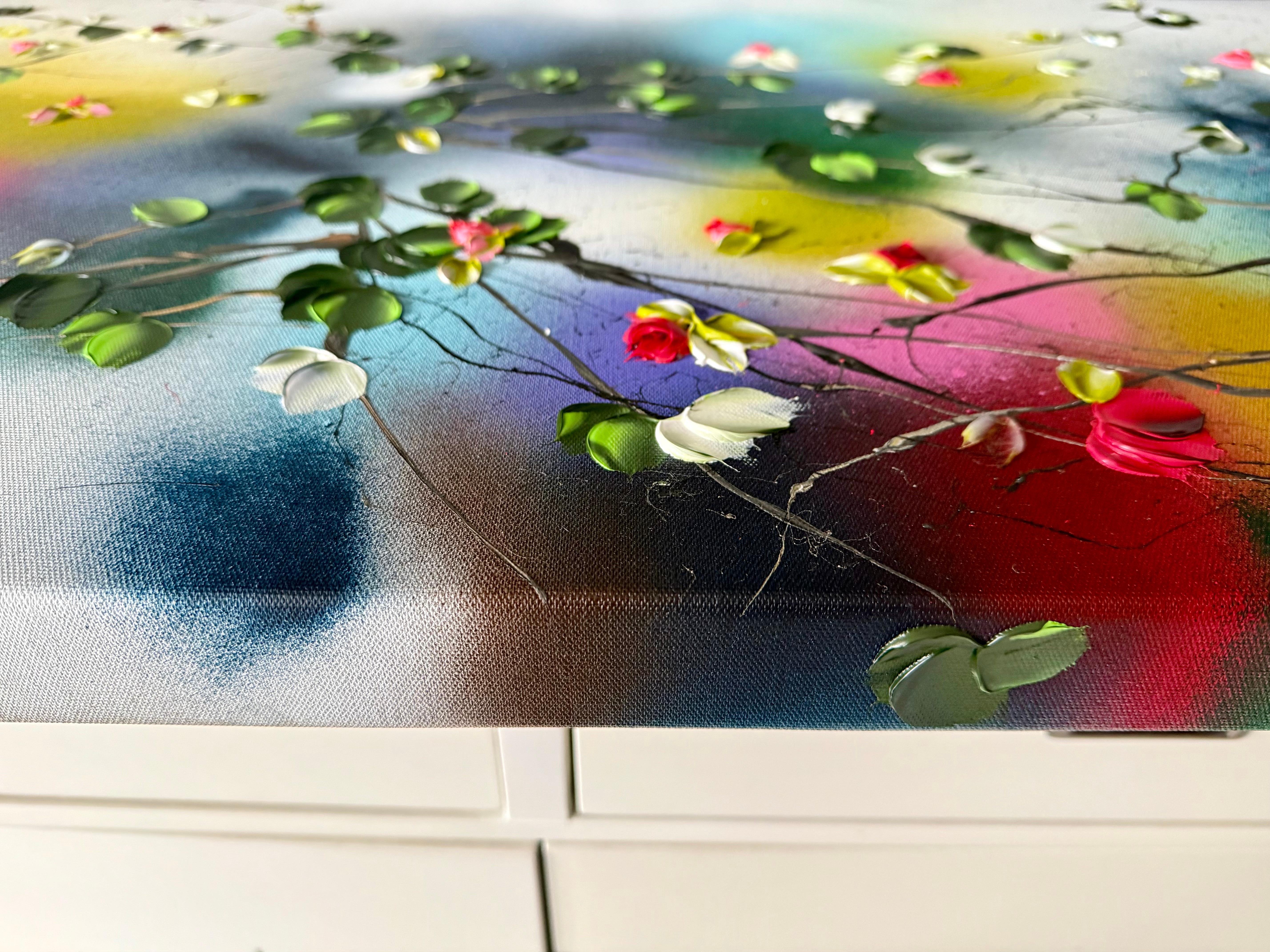 Espejismo -  paisaje pintura impresionista sobre lienzo de lino con rosas rojas en venta 4