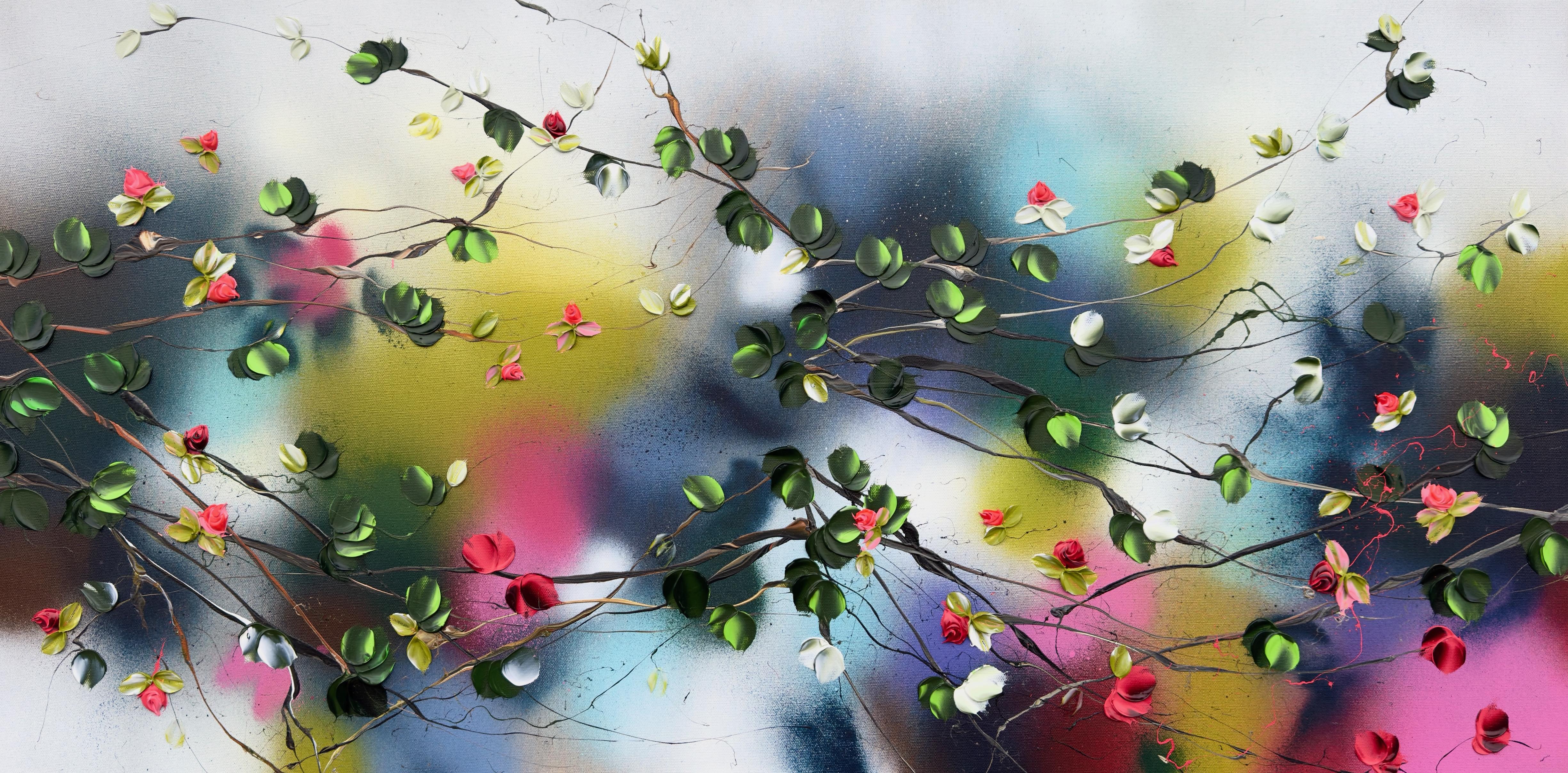 Miraggio -  paesaggio impressionista su tela di lino con rose rosse