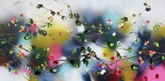 Miraggio -  paesaggio impressionista su tela di lino con rose rosse