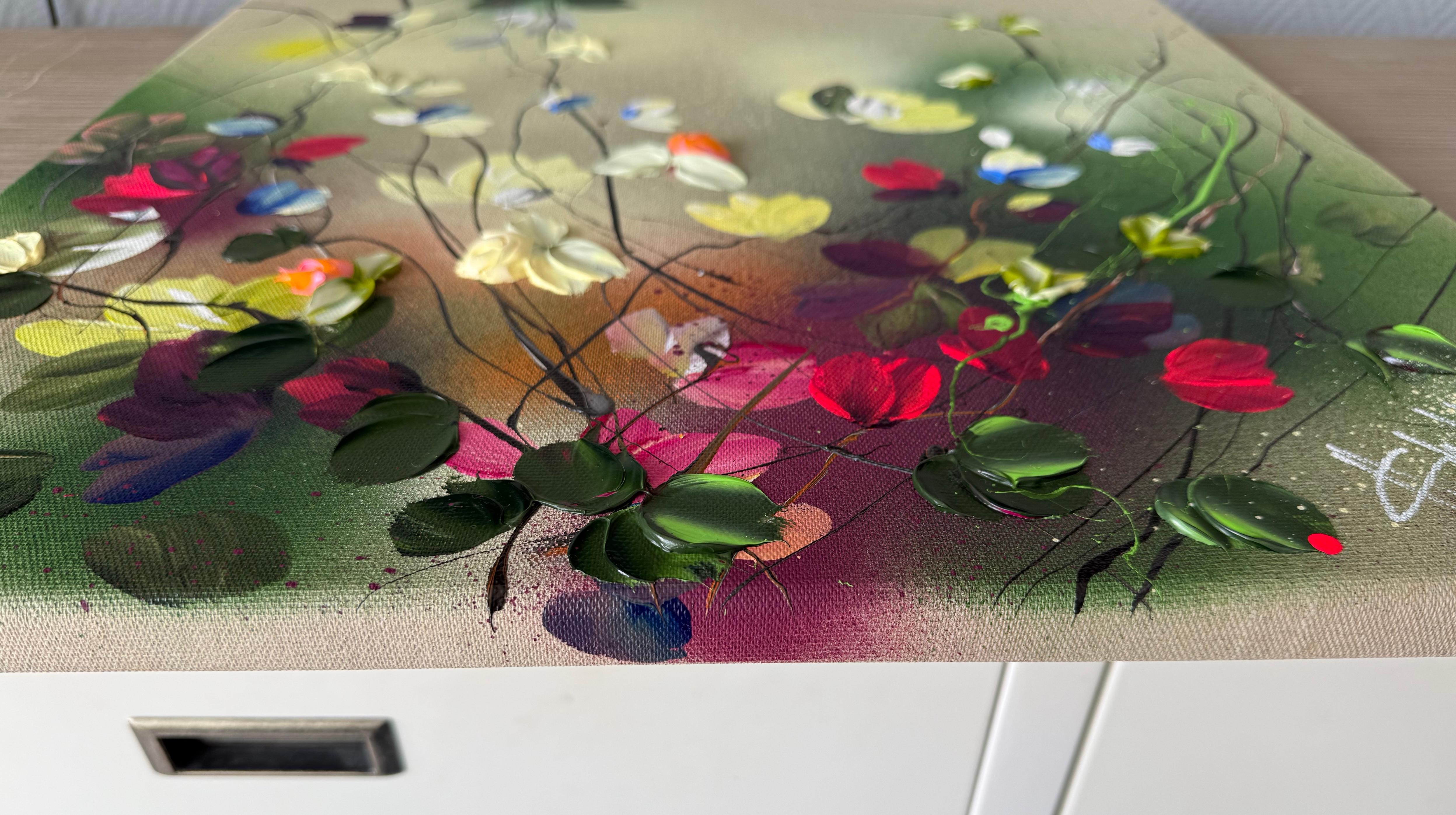 Paleta de la naturaleza -  colorido cuadro impresionista lienzo de lino con rosas 3d en venta 6