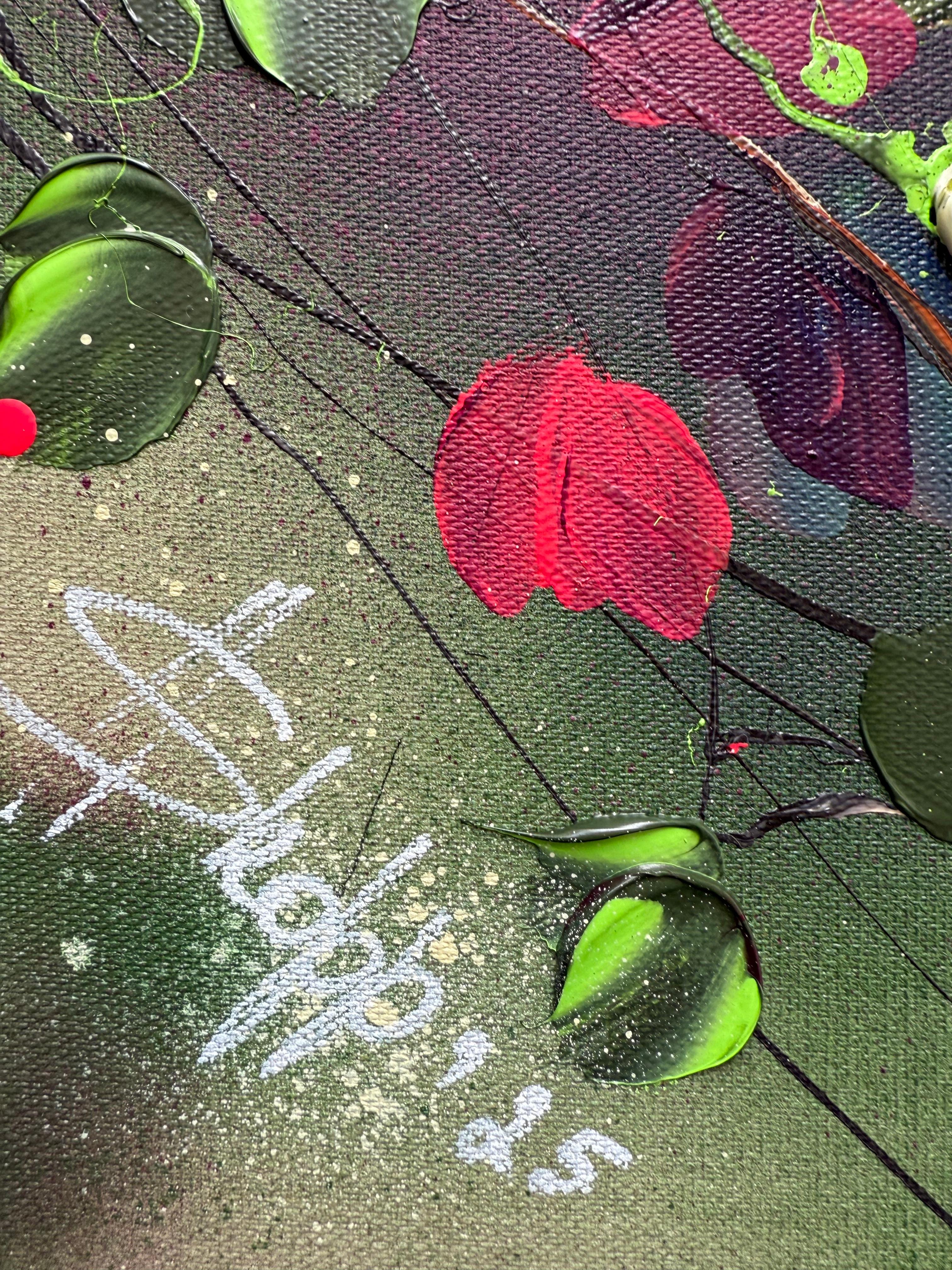Paleta de la naturaleza -  colorido cuadro impresionista lienzo de lino con rosas 3d en venta 7