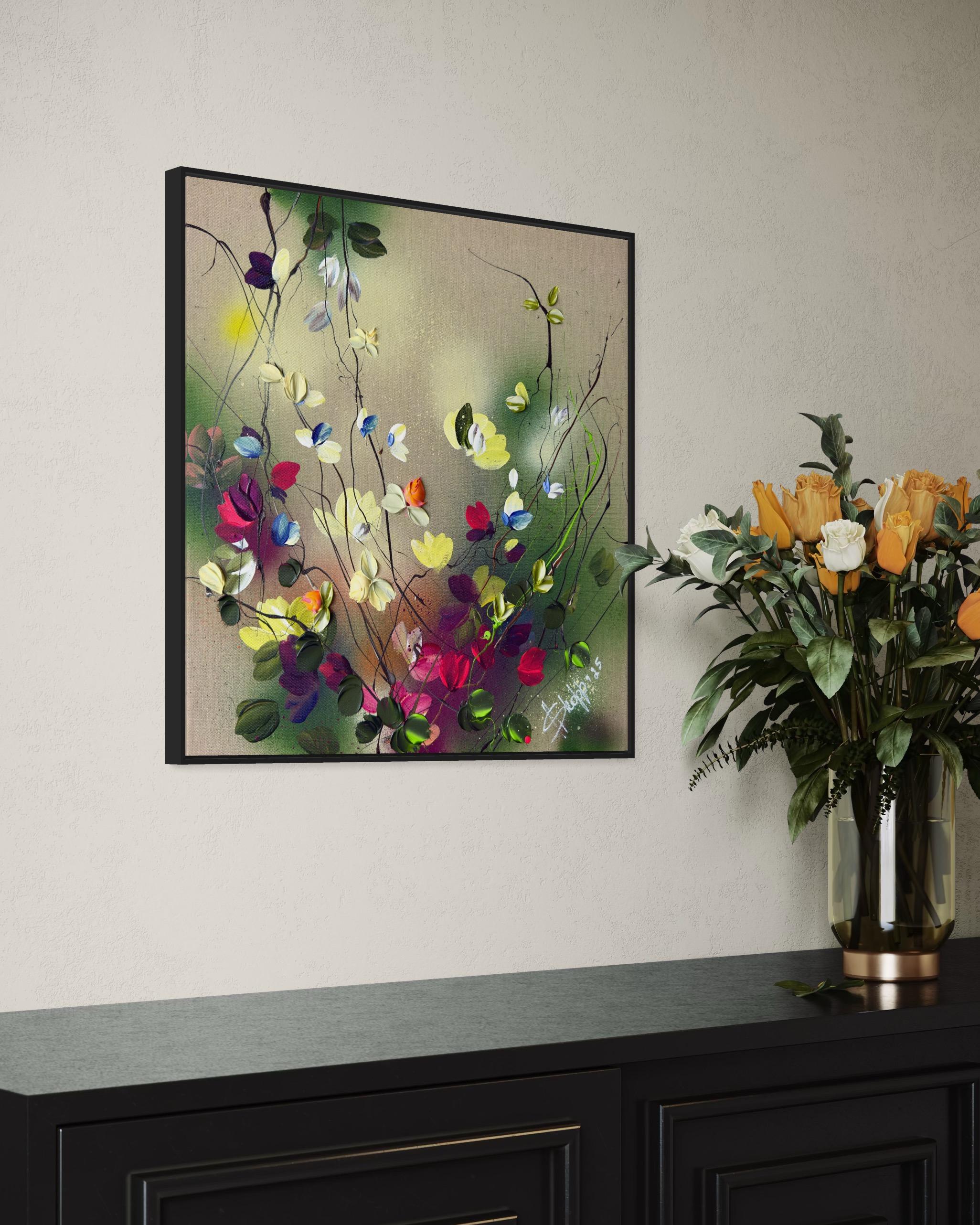 Paleta de la naturaleza -  colorido cuadro impresionista lienzo de lino con rosas 3d en venta 8