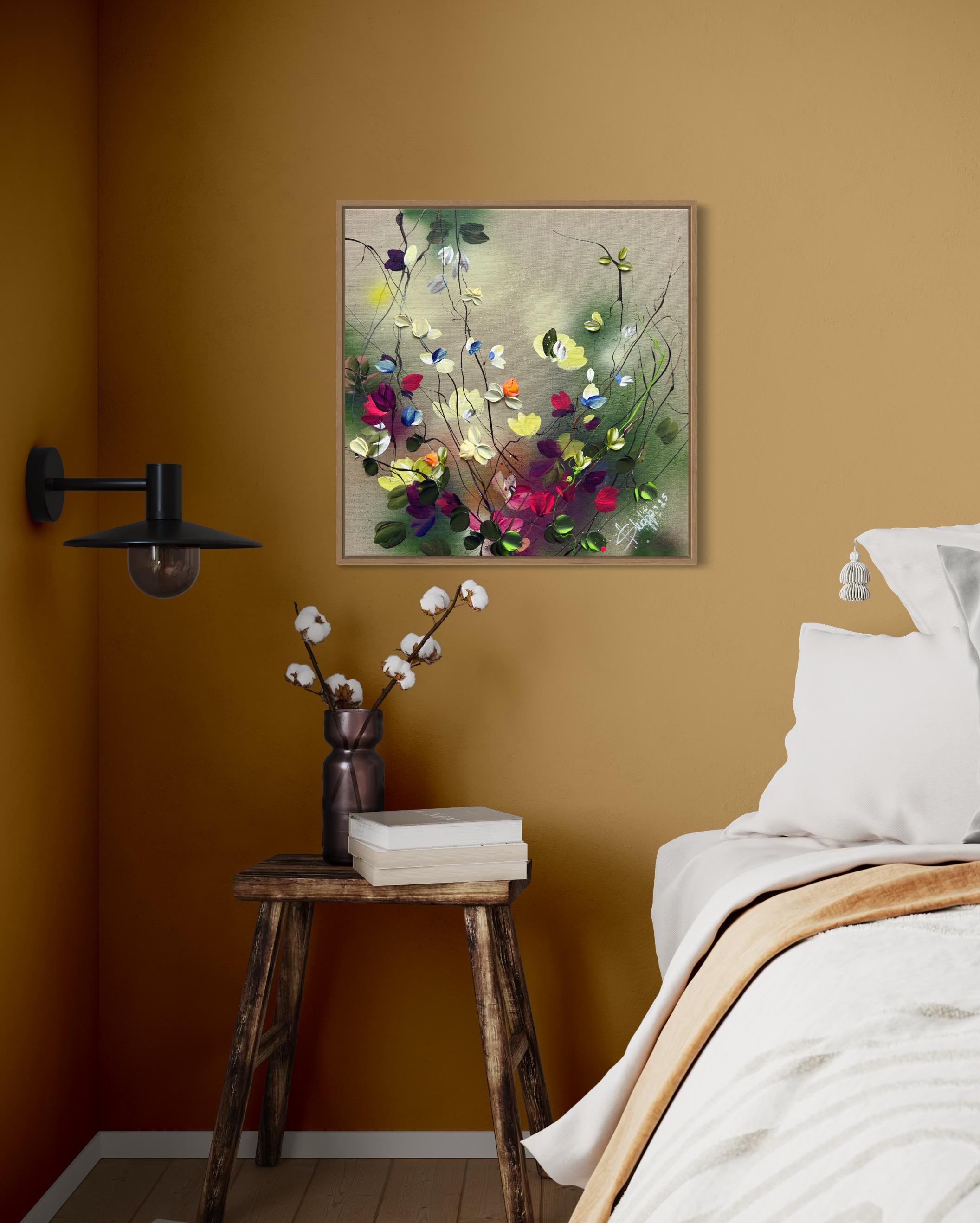 Paleta de la naturaleza -  colorido cuadro impresionista lienzo de lino con rosas 3d en venta 10